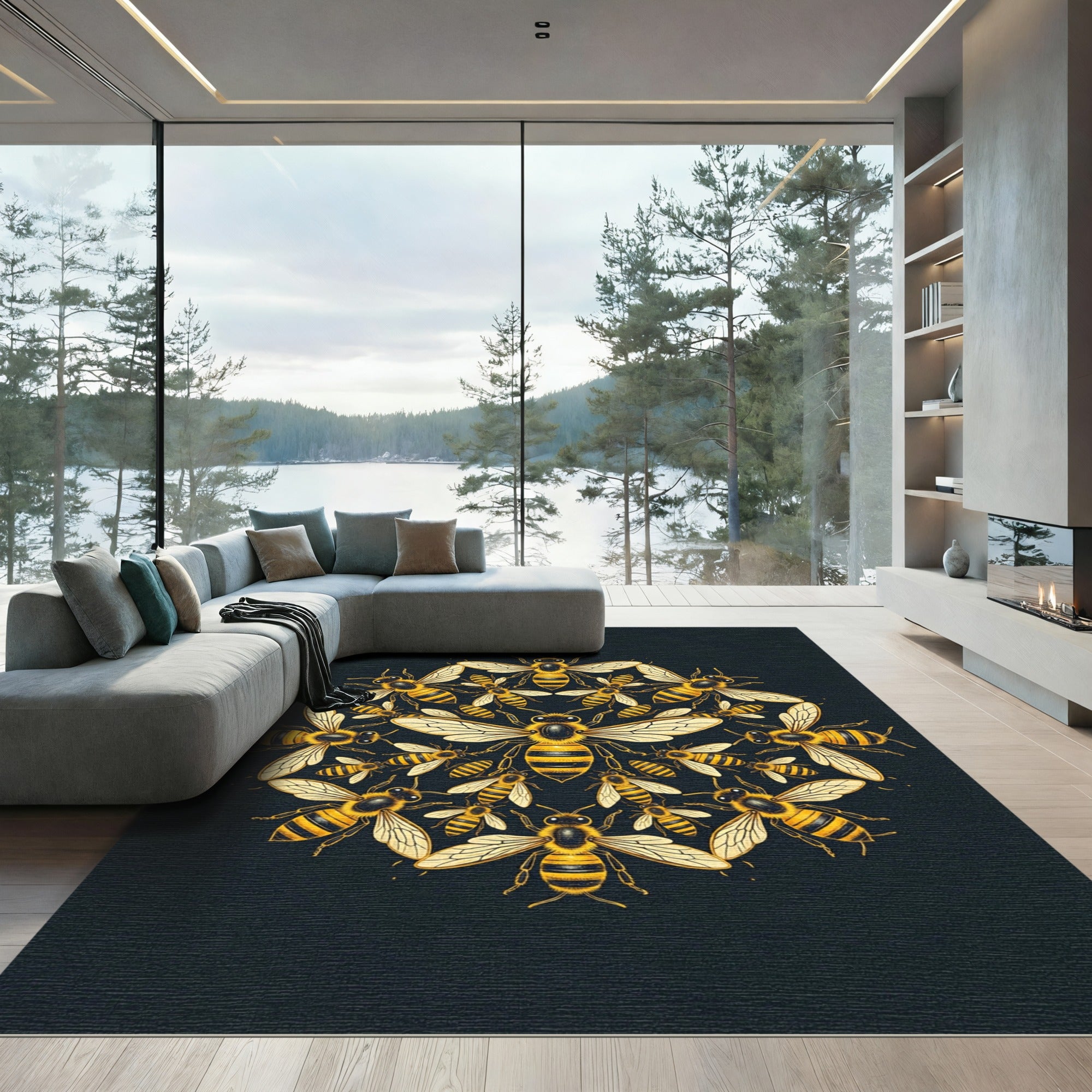 Golden Honey Bee Mandala Art Rug
