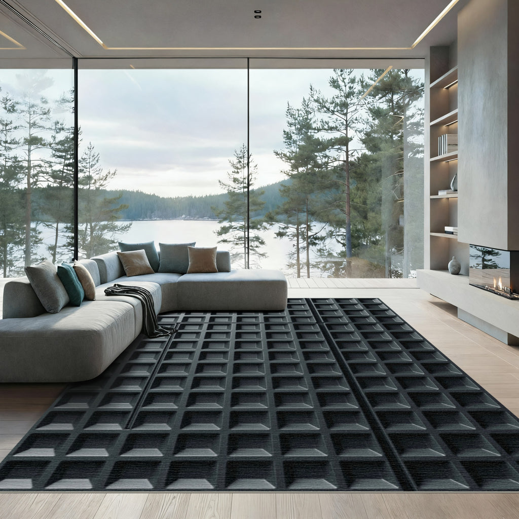Minimalist Charcoal Grid Geometric Square Rug