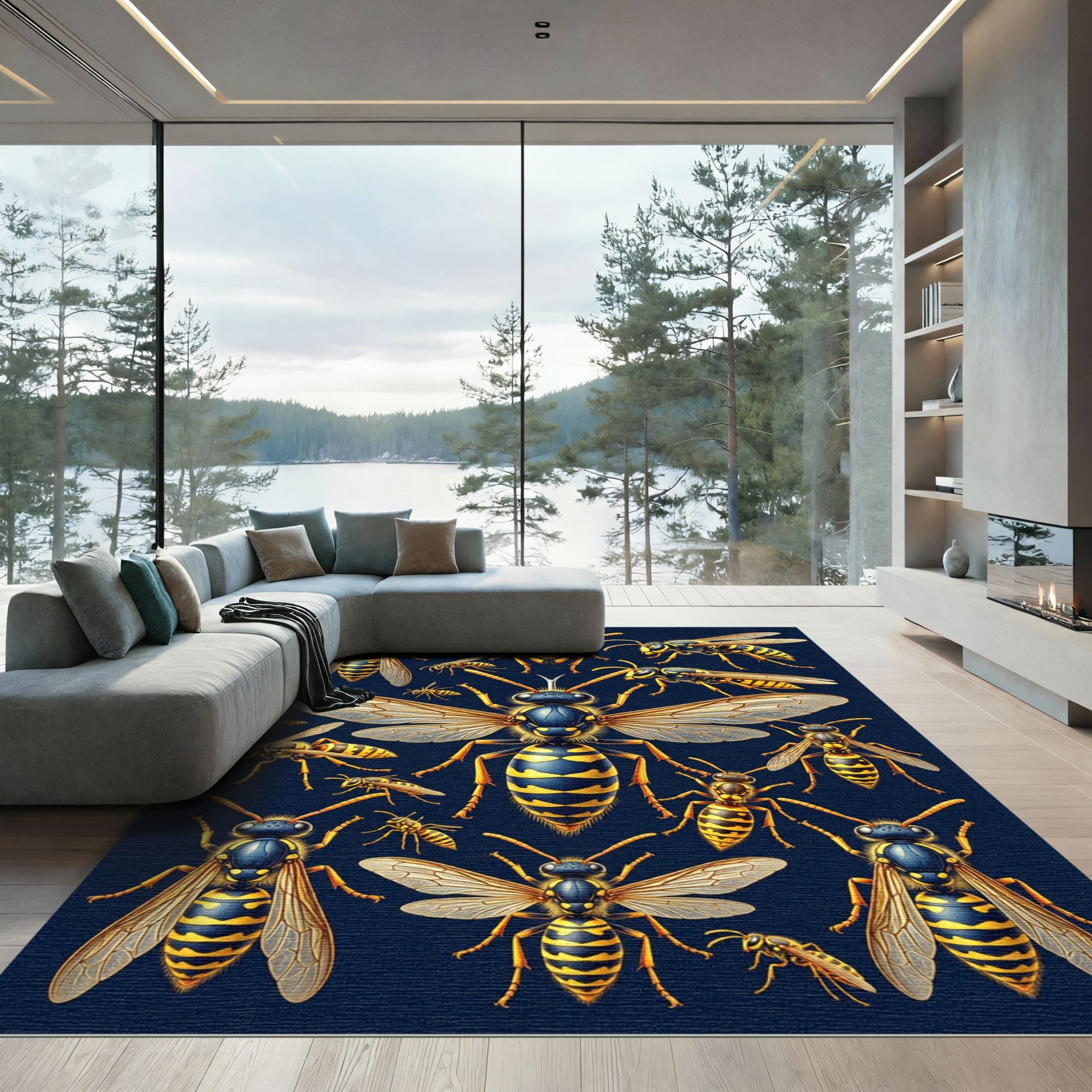 Detailed Yellow Wasp Entomology Illustration Rug