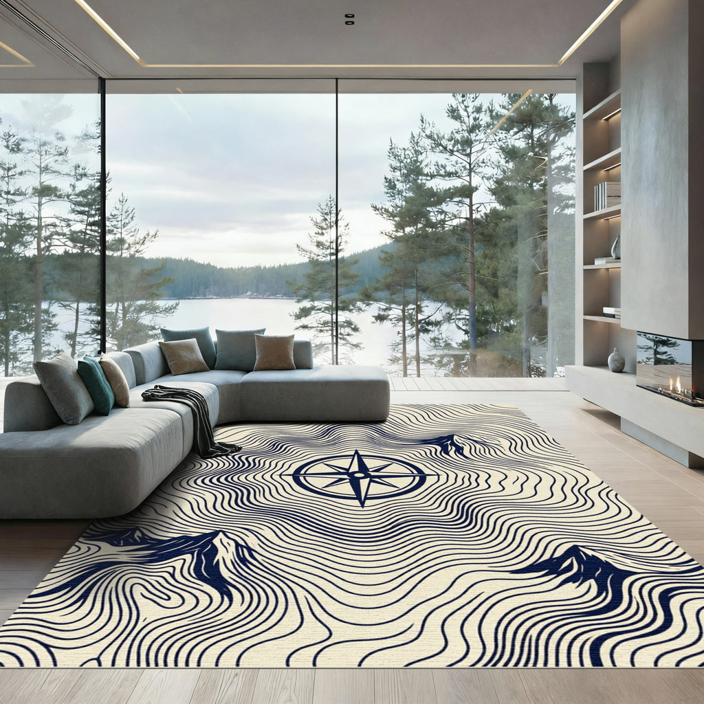 Minimalist Navy Compass Mountain Topographic Rug