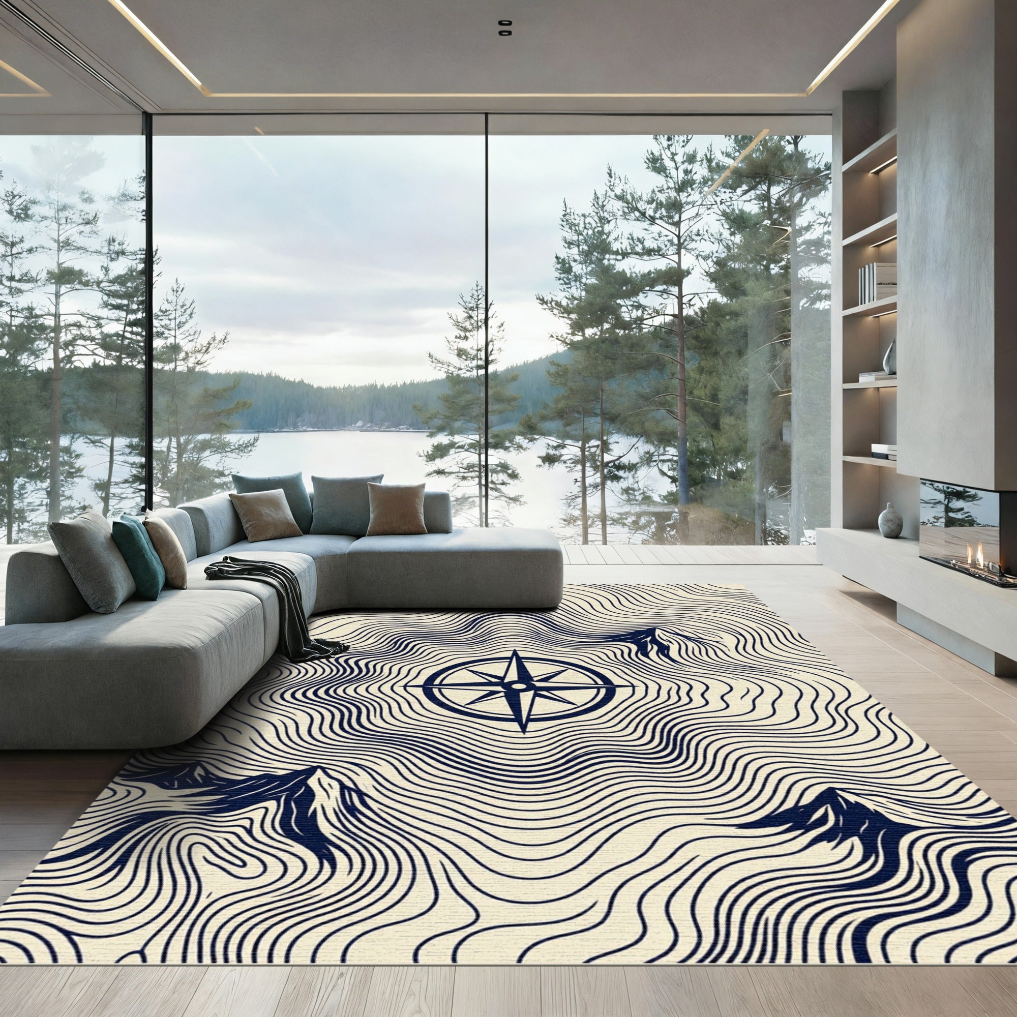 Minimalist Navy Compass Mountain Topographic Rug