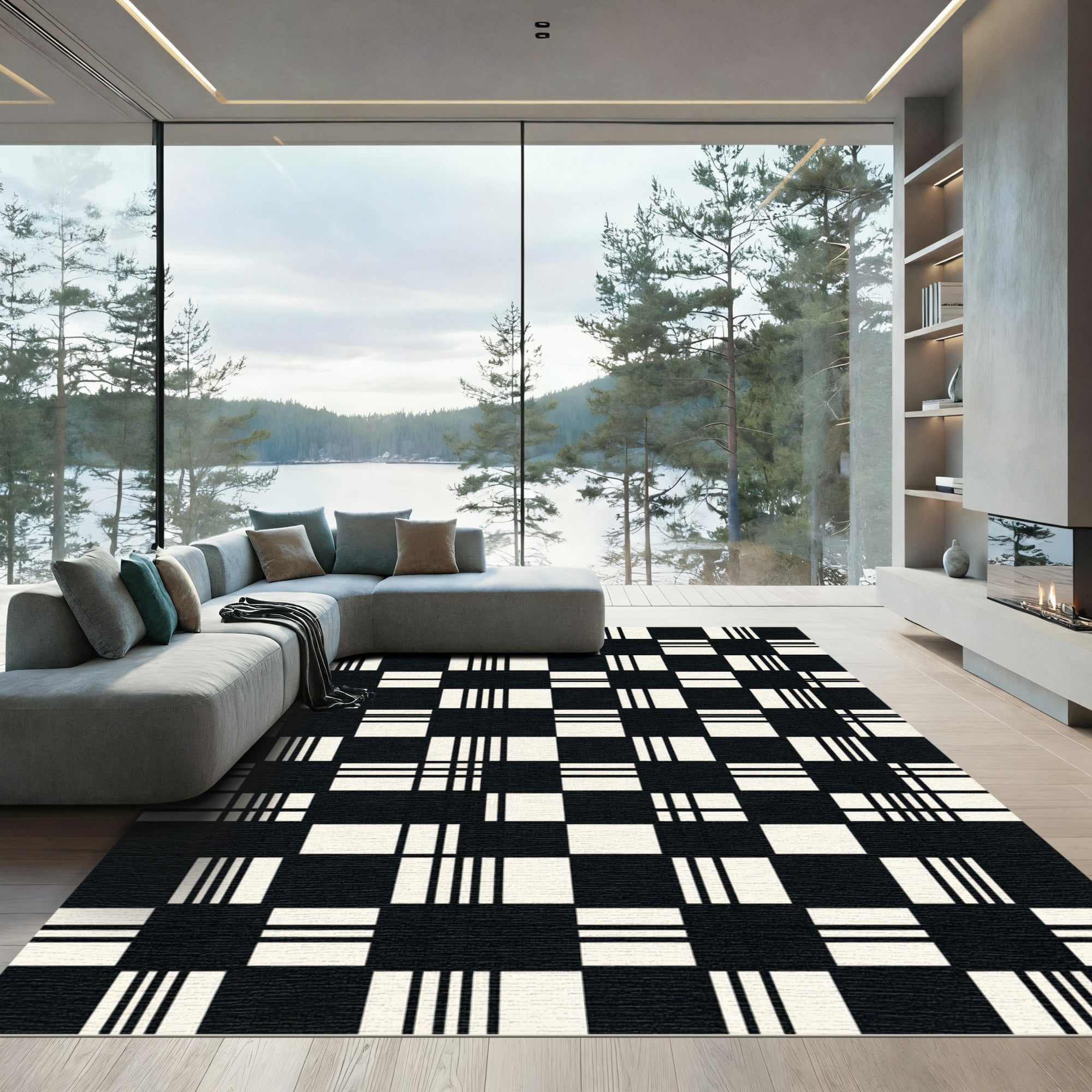 Modern Monochrome Grid Geometric Rug