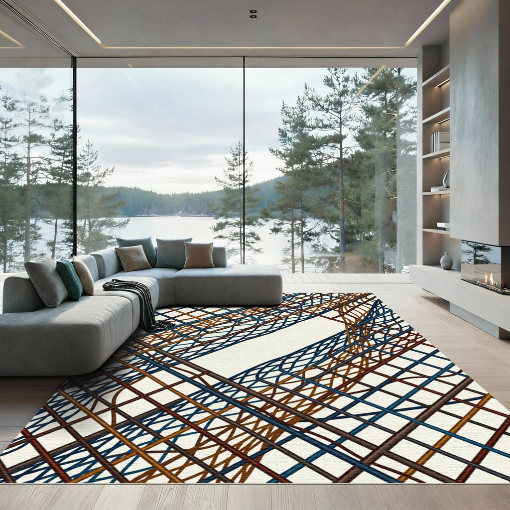 Intertwined Woven Lines Blue Brown Rug