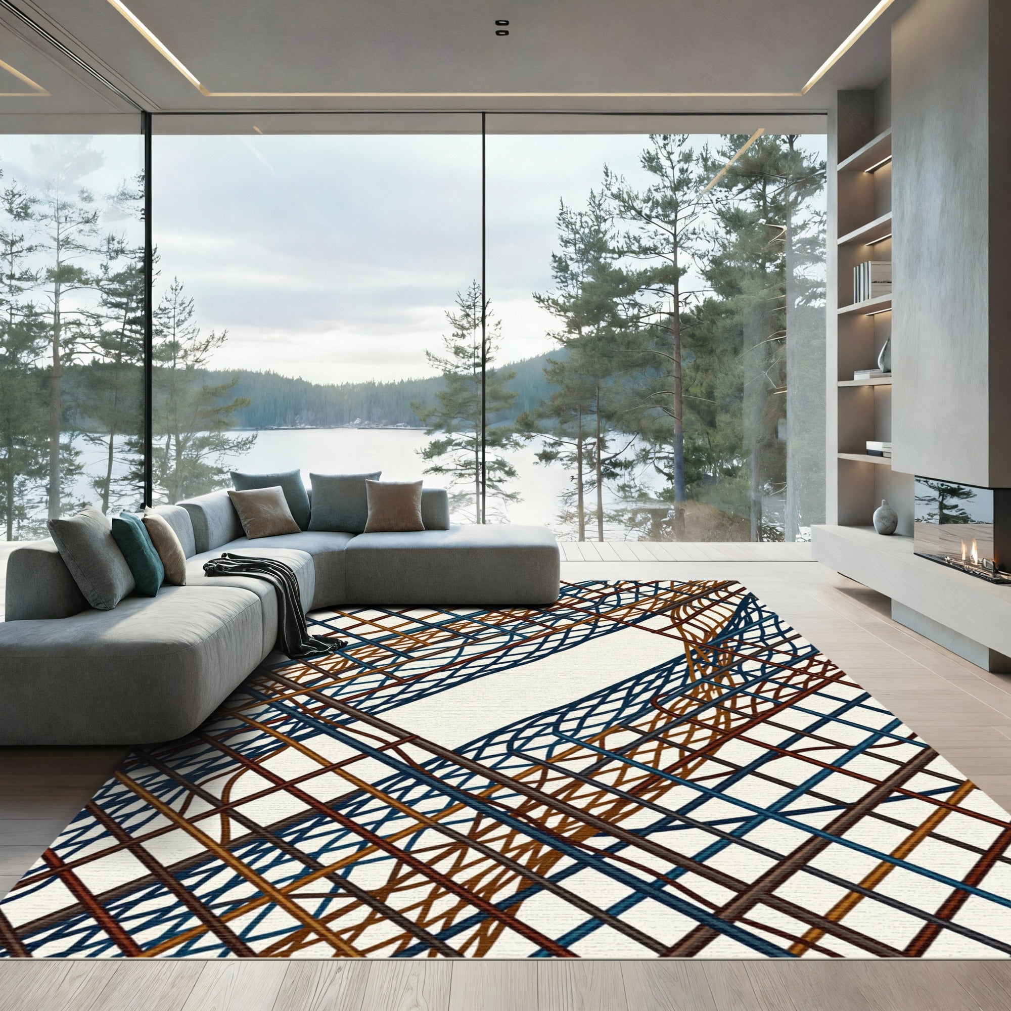 Intertwined Woven Lines Blue Brown Rug
