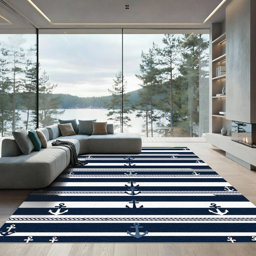 Navy Blue Nautical Striped Anchor Rope Rug