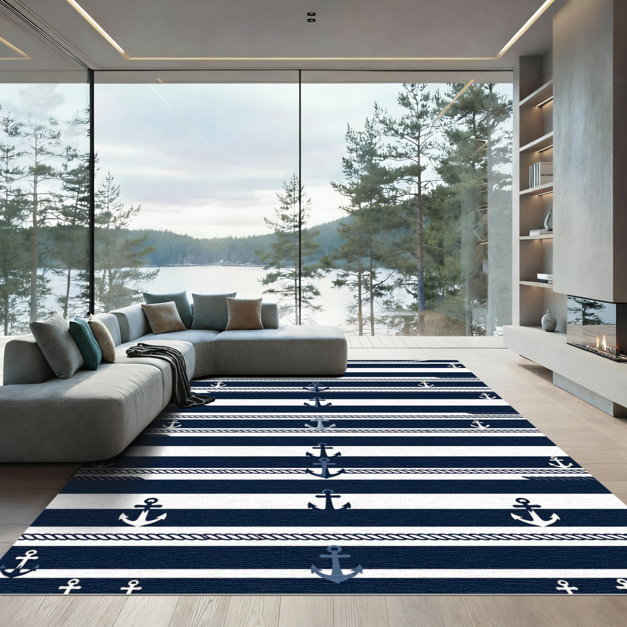 Navy Blue Nautical Striped Anchor Rope Rug