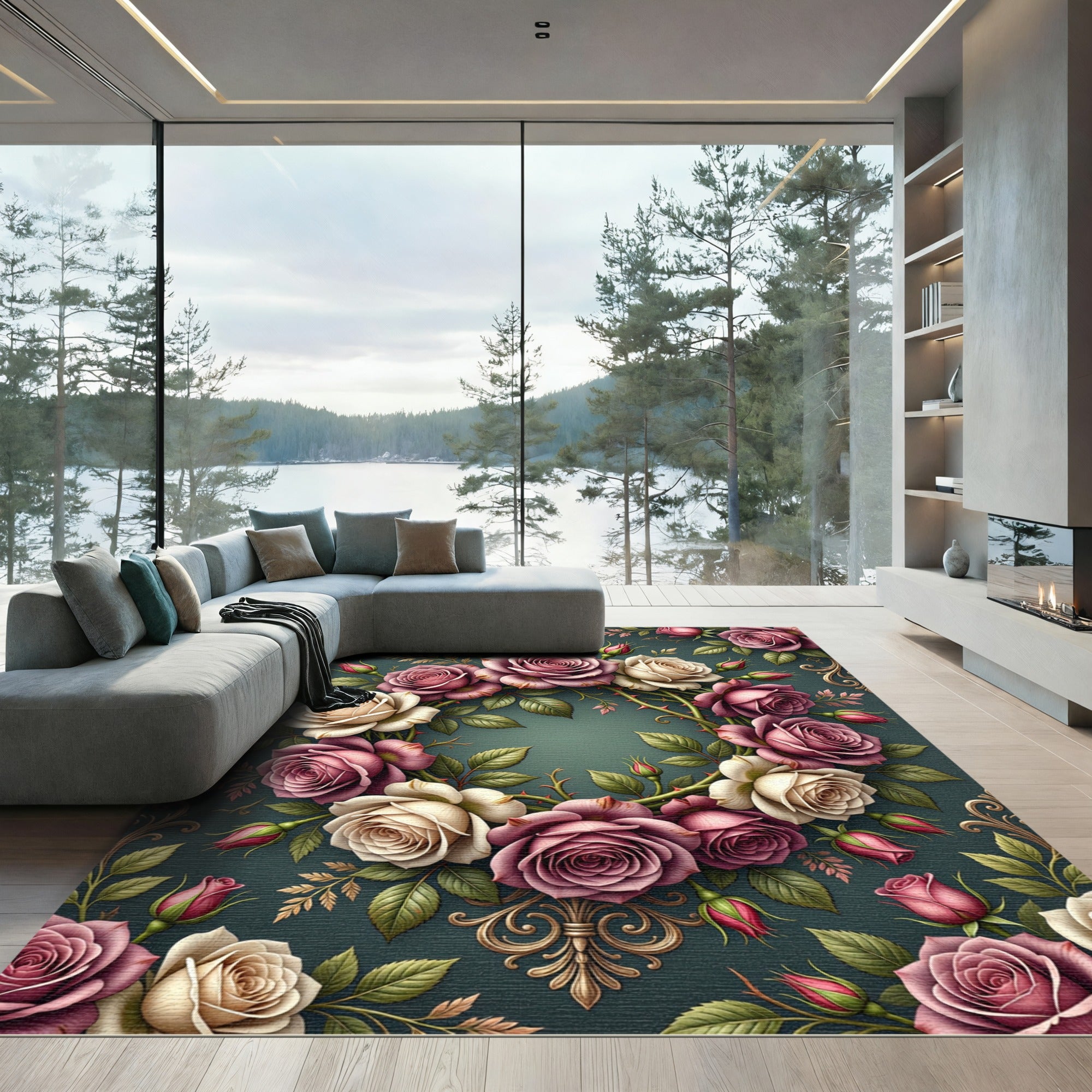 Elegant Dusty Rose Floral Wreath Rug