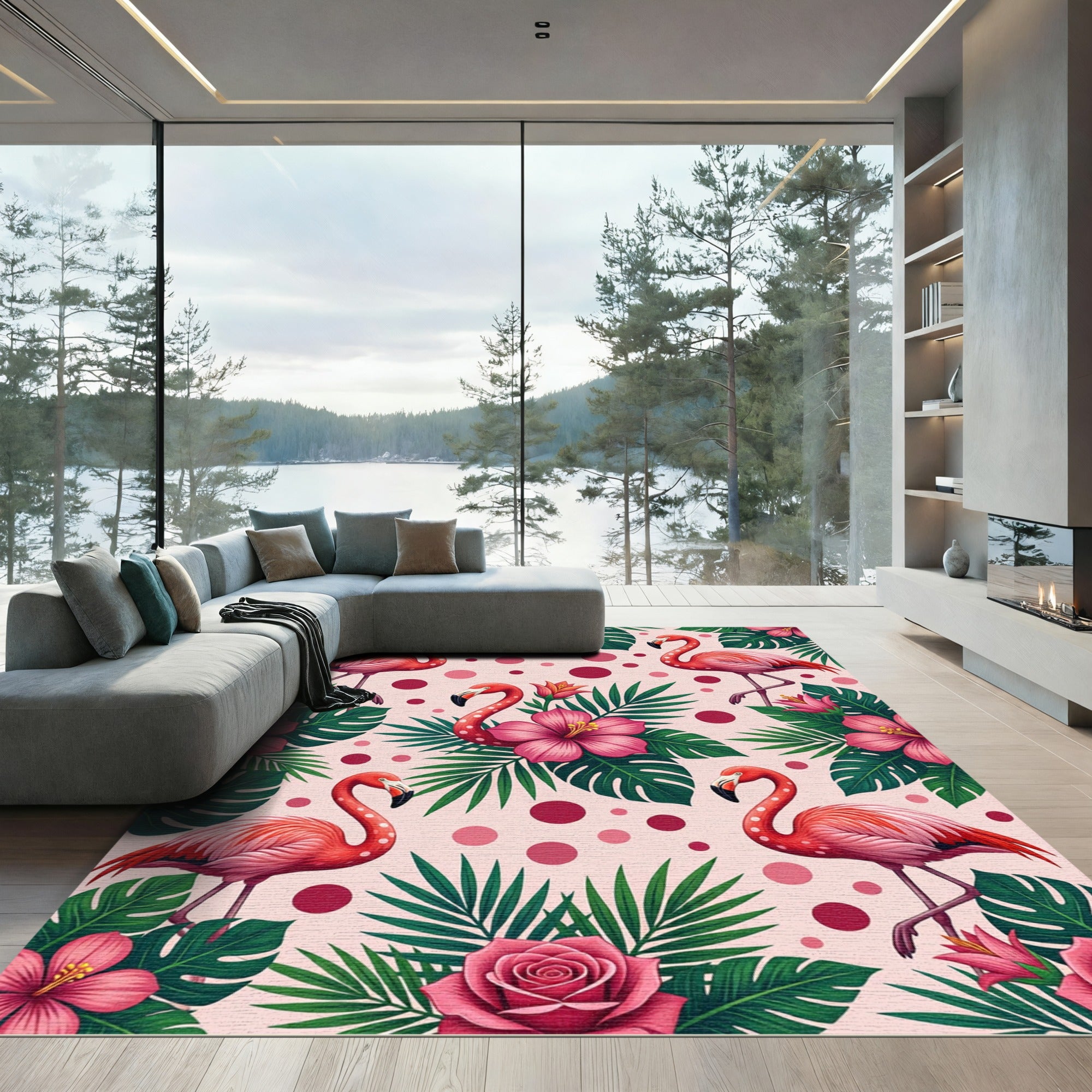 Tropical Pink Flamingo Floral Scatter Rug