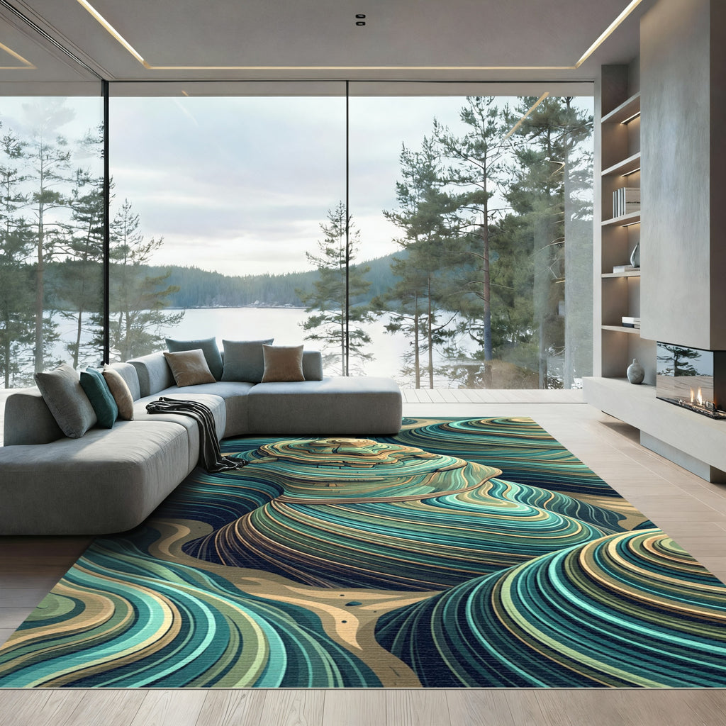 Green Blue Earthy Toned Stratified Waves Rug
