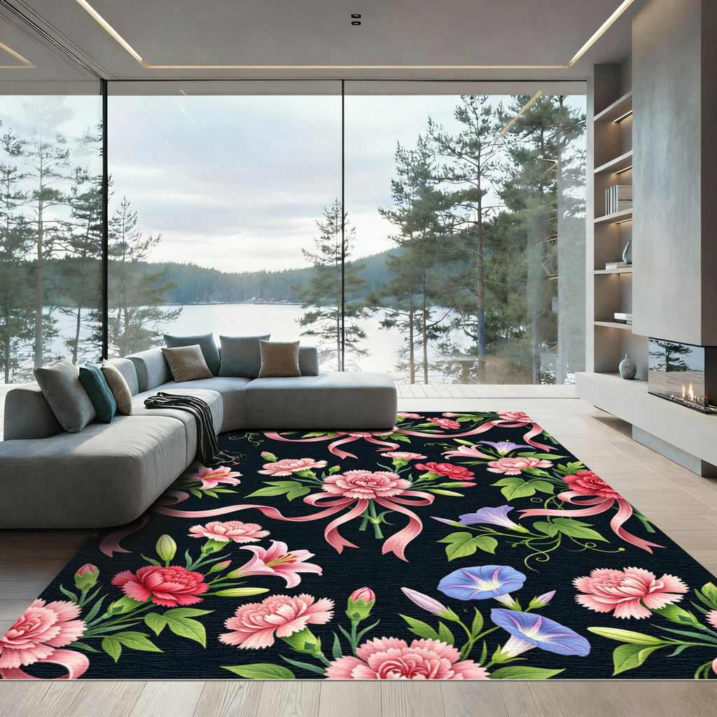 Pink Carnation Floral Bouquet Ribbon Rug