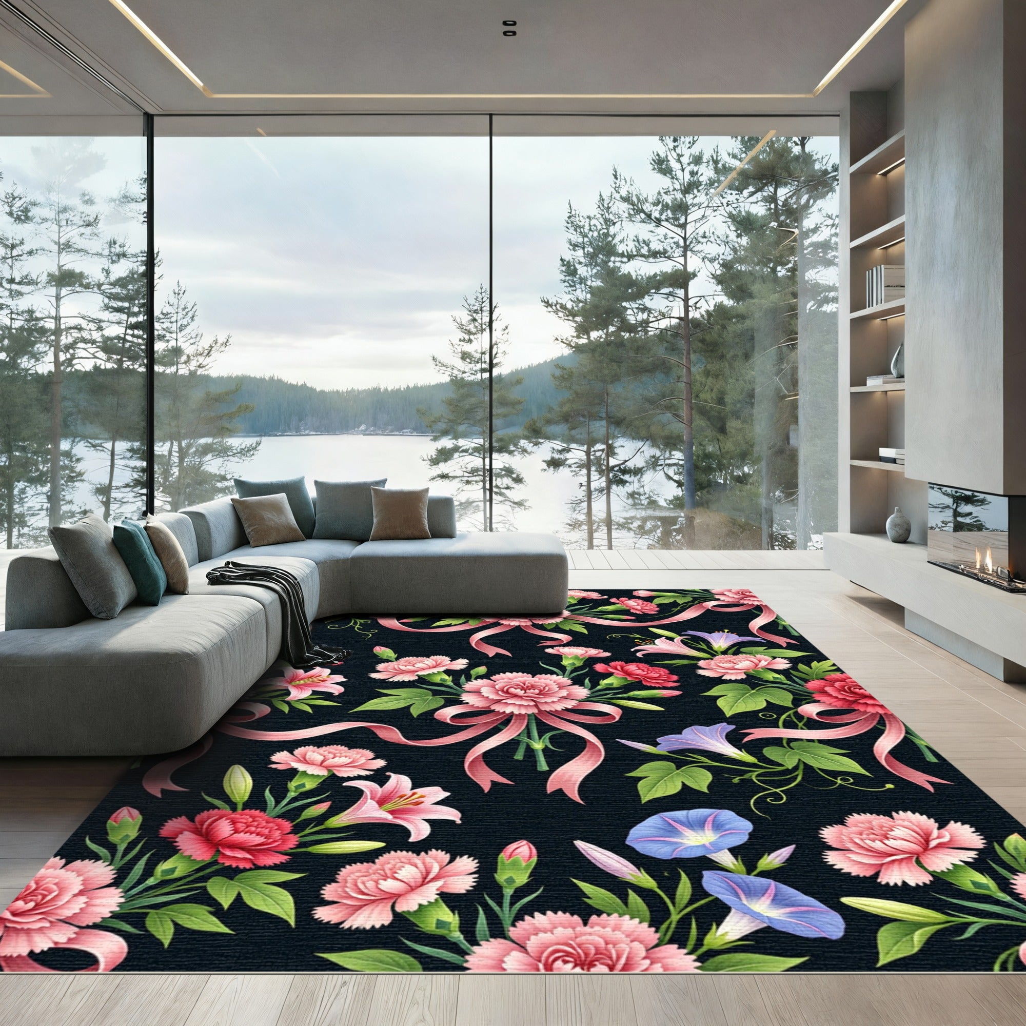 Pink Carnation Floral Bouquet Ribbon Rug