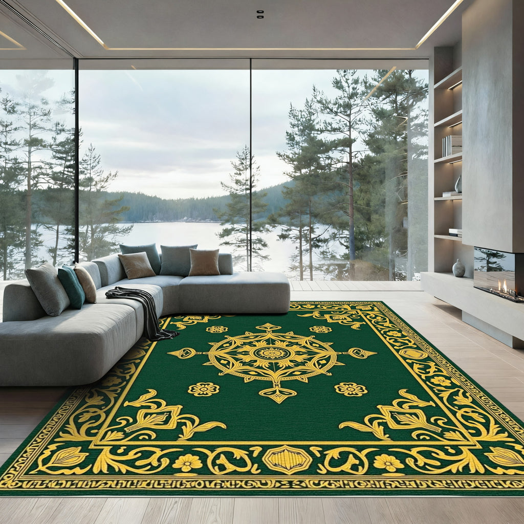 Emerald Gold Ornate Medallion Border Rug