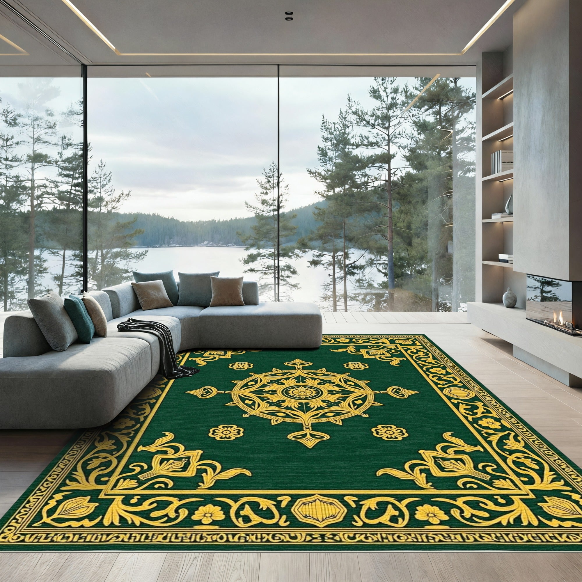Emerald Gold Ornate Medallion Border Rug