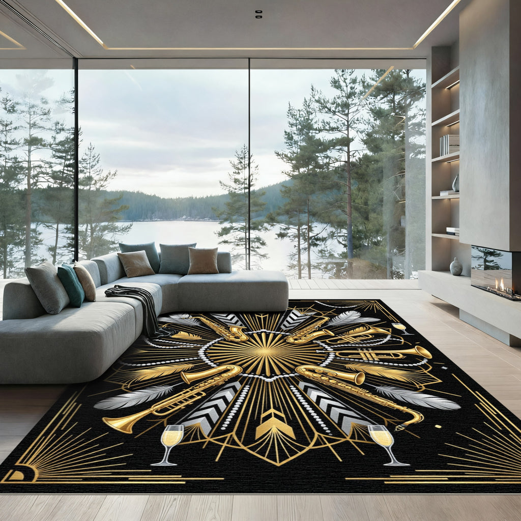Art Deco Gold Jazz Instrument Medallion Rug
