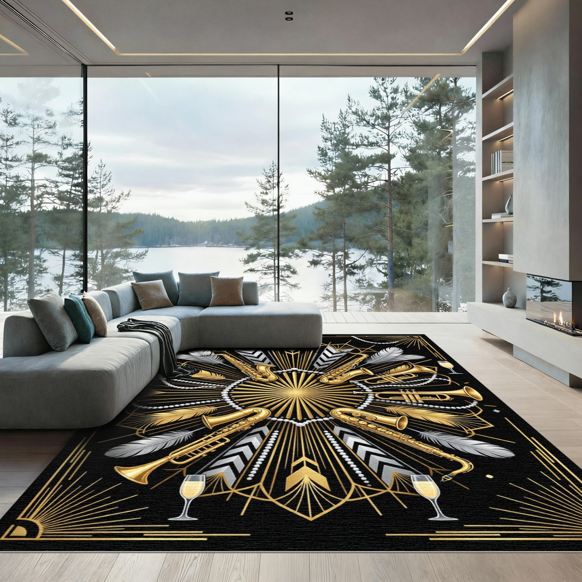 Art Deco Gold Jazz Instrument Medallion Rug