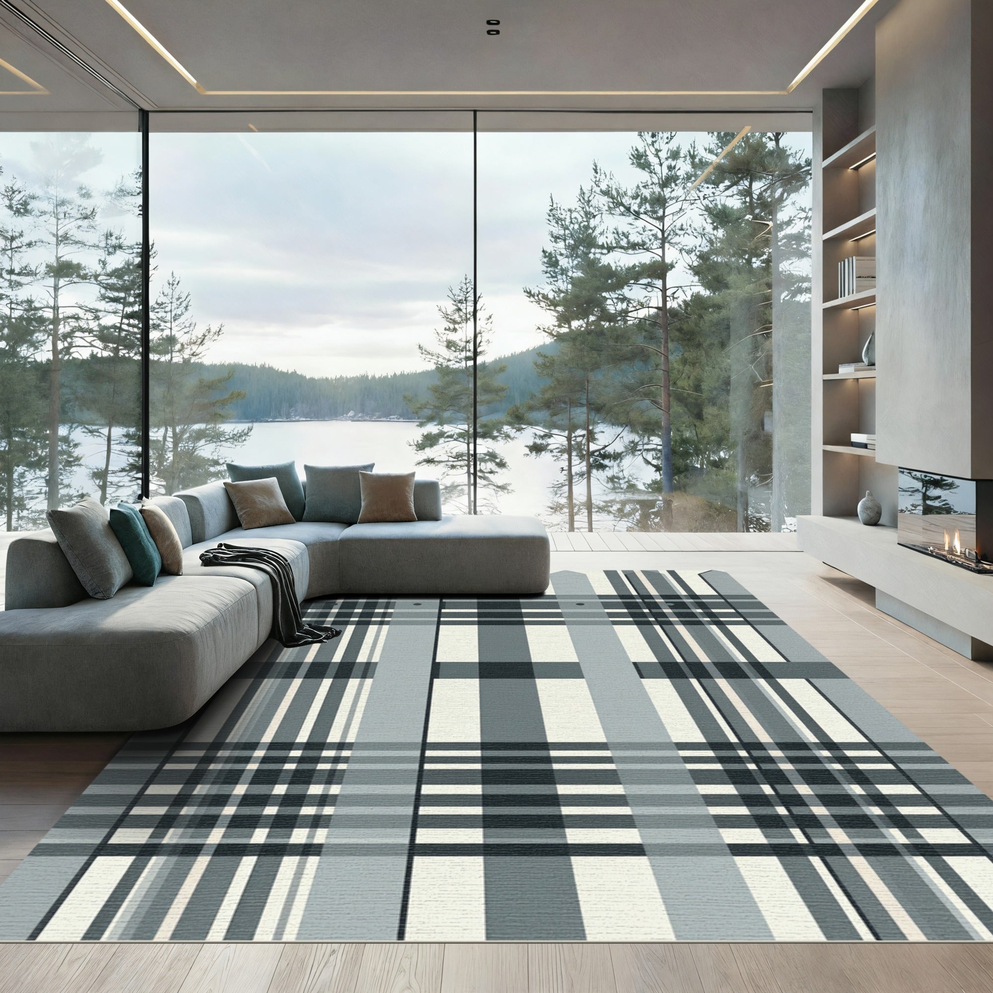 Monochromatic Plaid Fence Composition Rug