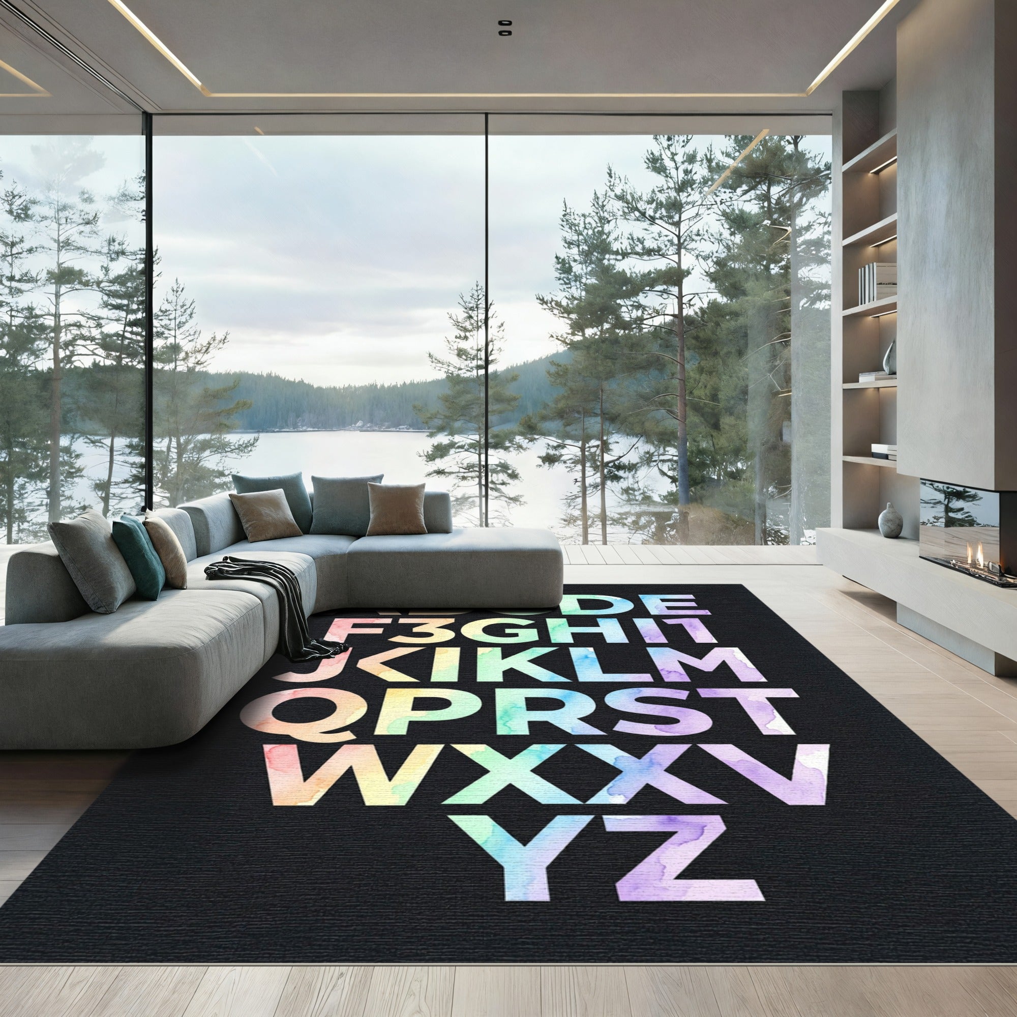 Watercolor Rainbow Alphabet Typography Wall Art Rug
