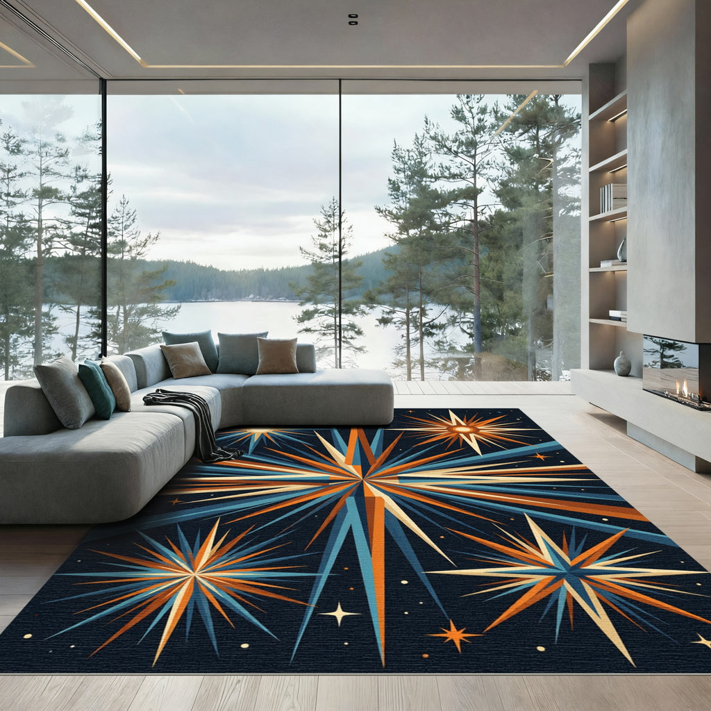 Midcentury Starburst Celestial Geometric Art Rug
