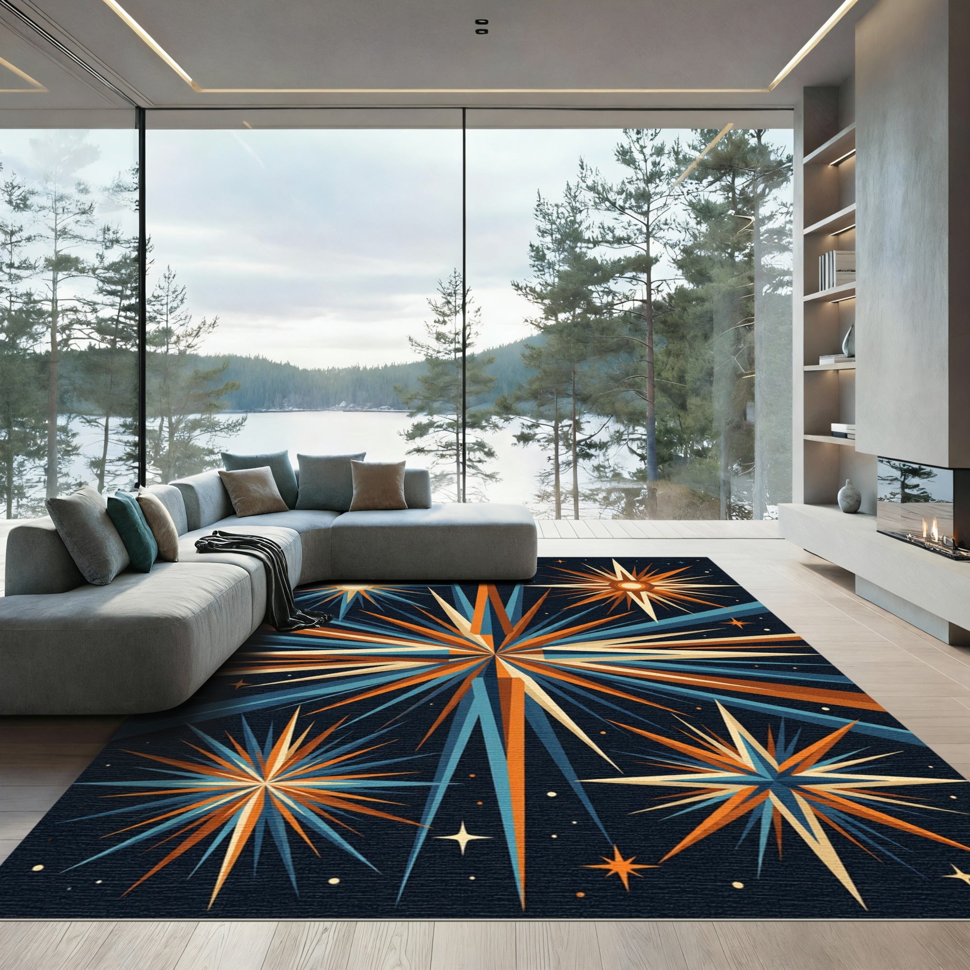 Midcentury Starburst Celestial Geometric Art Rug