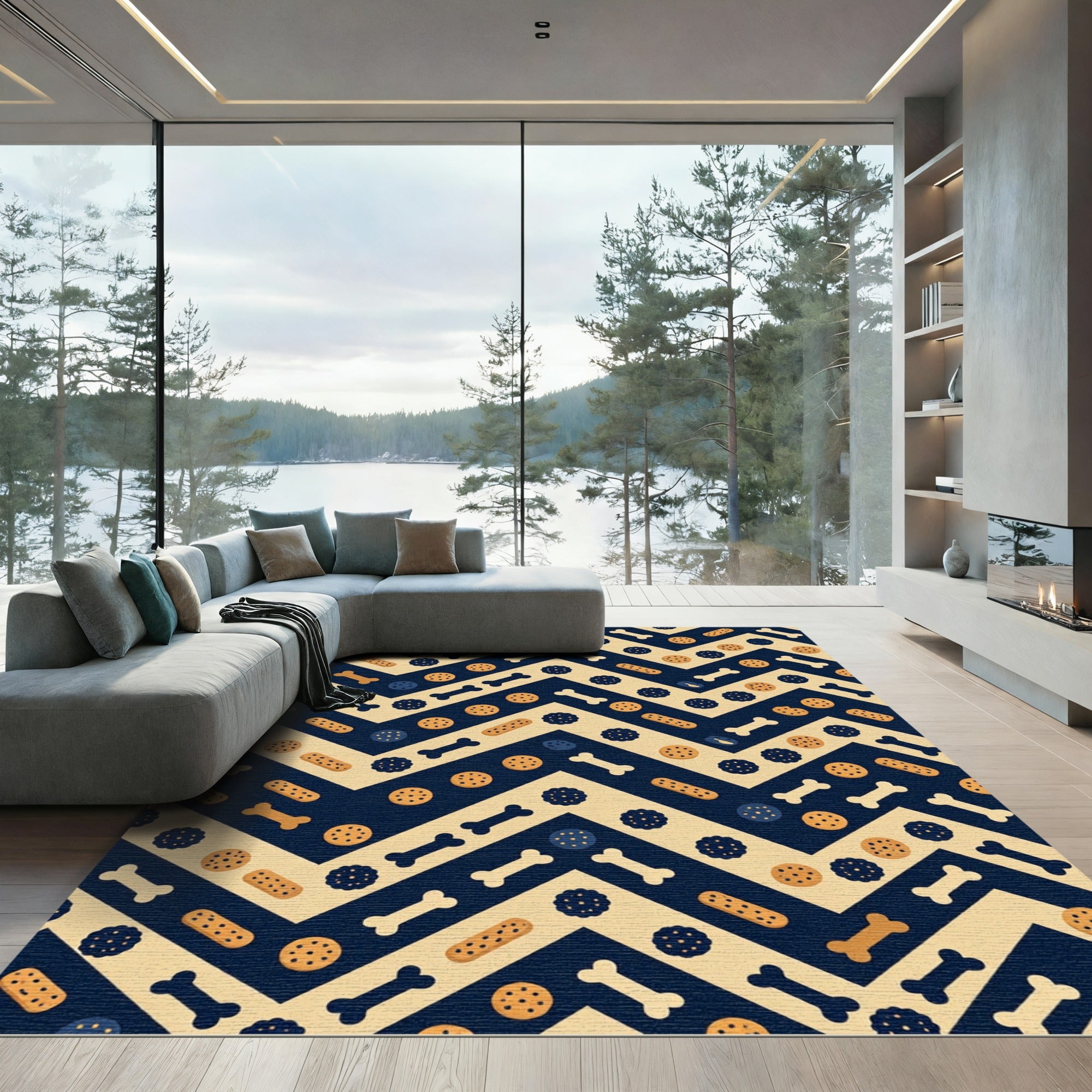 Navy Cream Dog Treat Chevron Rug