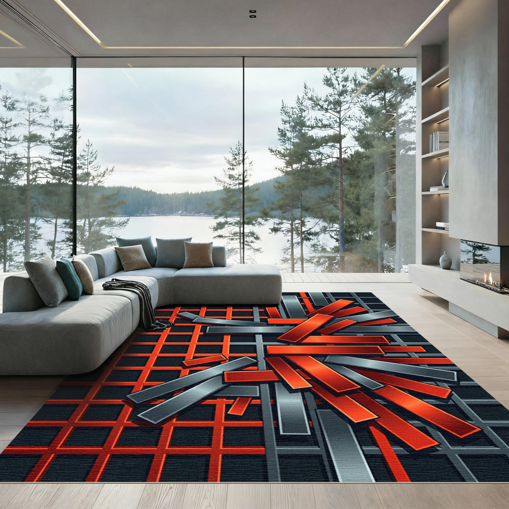 Red Grey Geometric Abstract Lines Rug