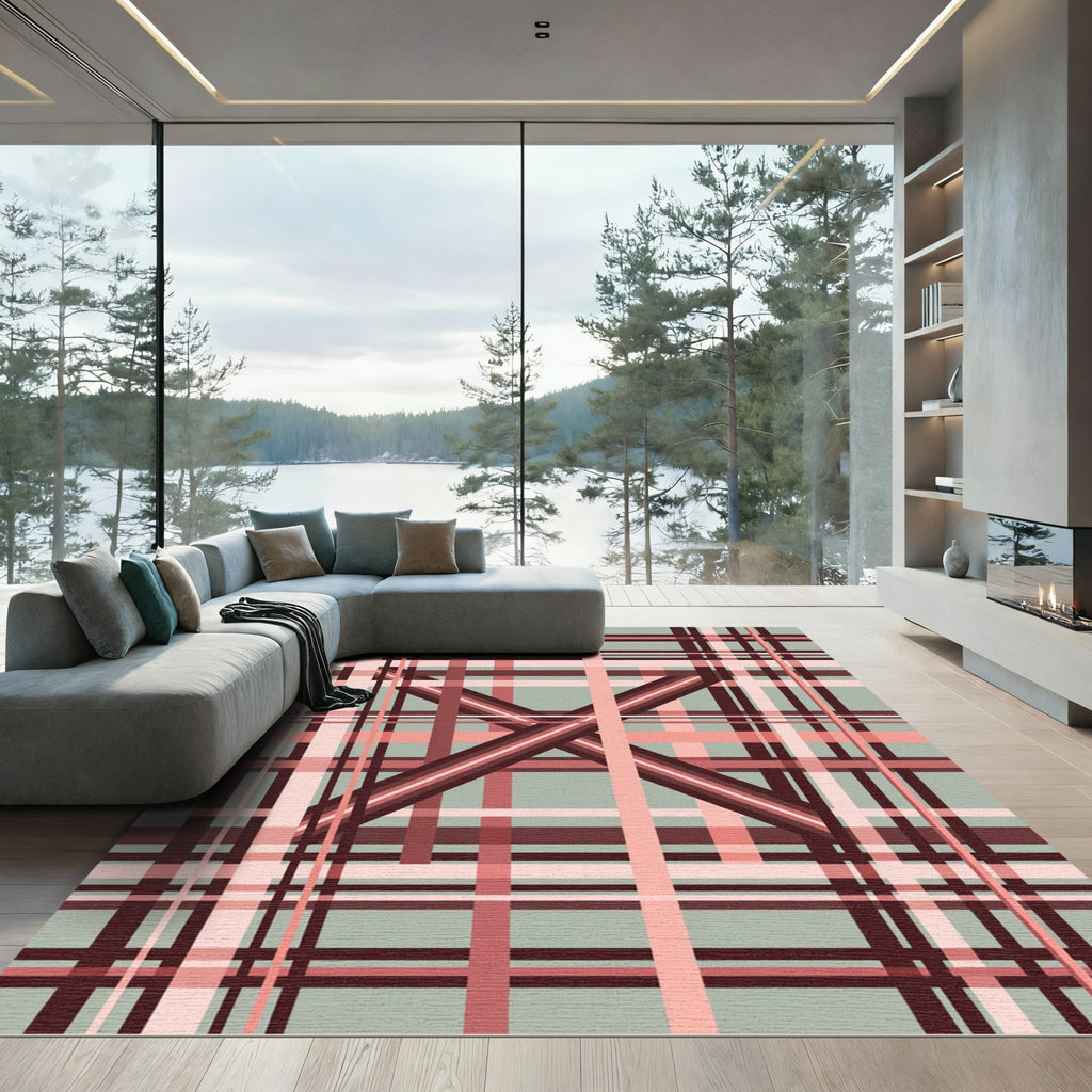 Modern Pink Lattice Plaid Rug