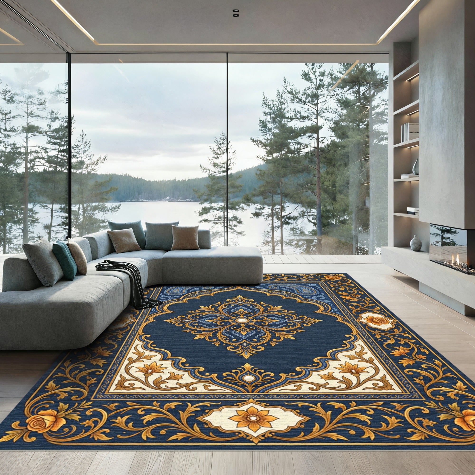 Elegant Navy Gold Floral Damask Area Rug