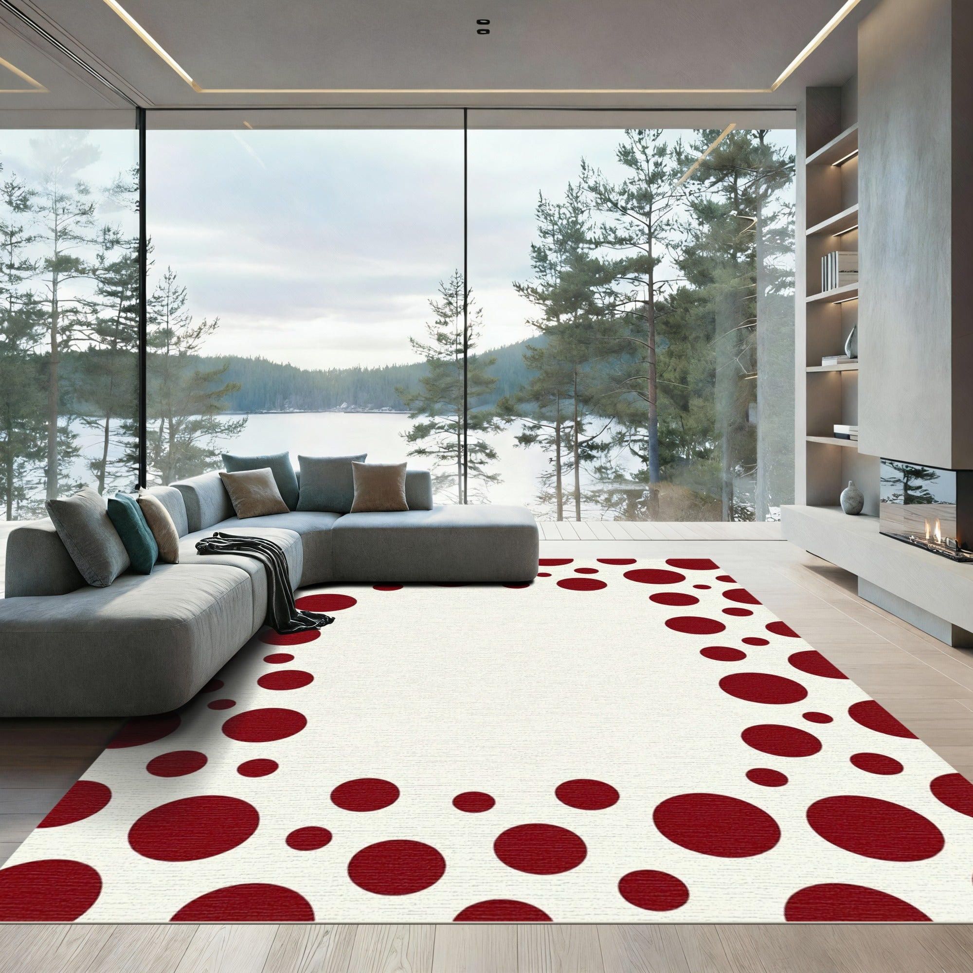 Minimalist Crimson Polka Dot Border Rug