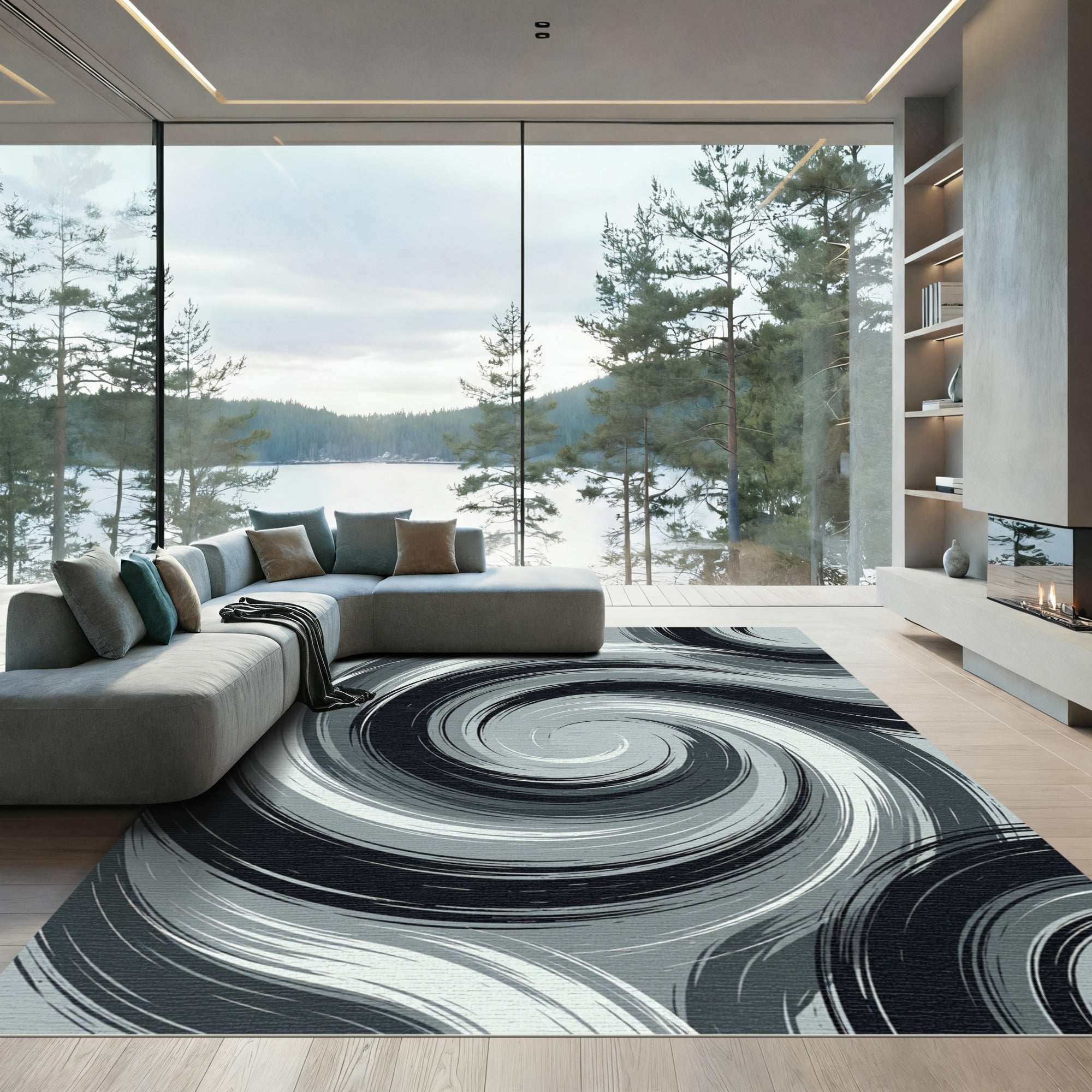 Monochromatic Swirl Brushstroke Rug