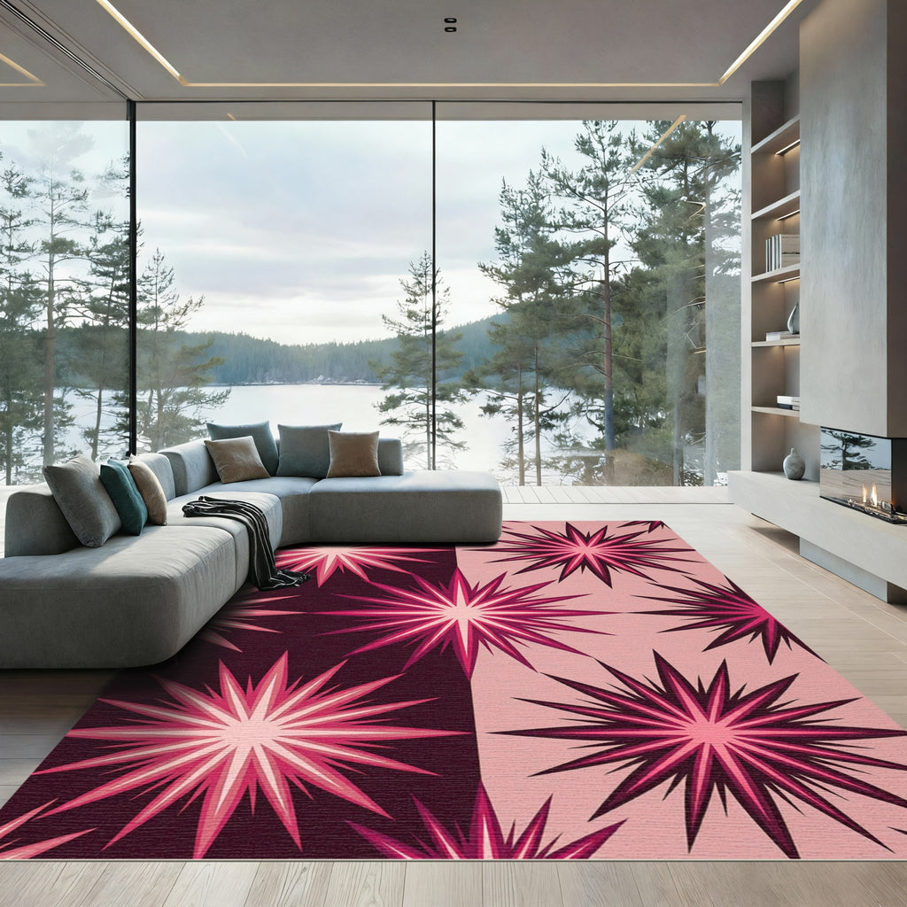 Geometric Burgundy and Pink Starry Burst Rug