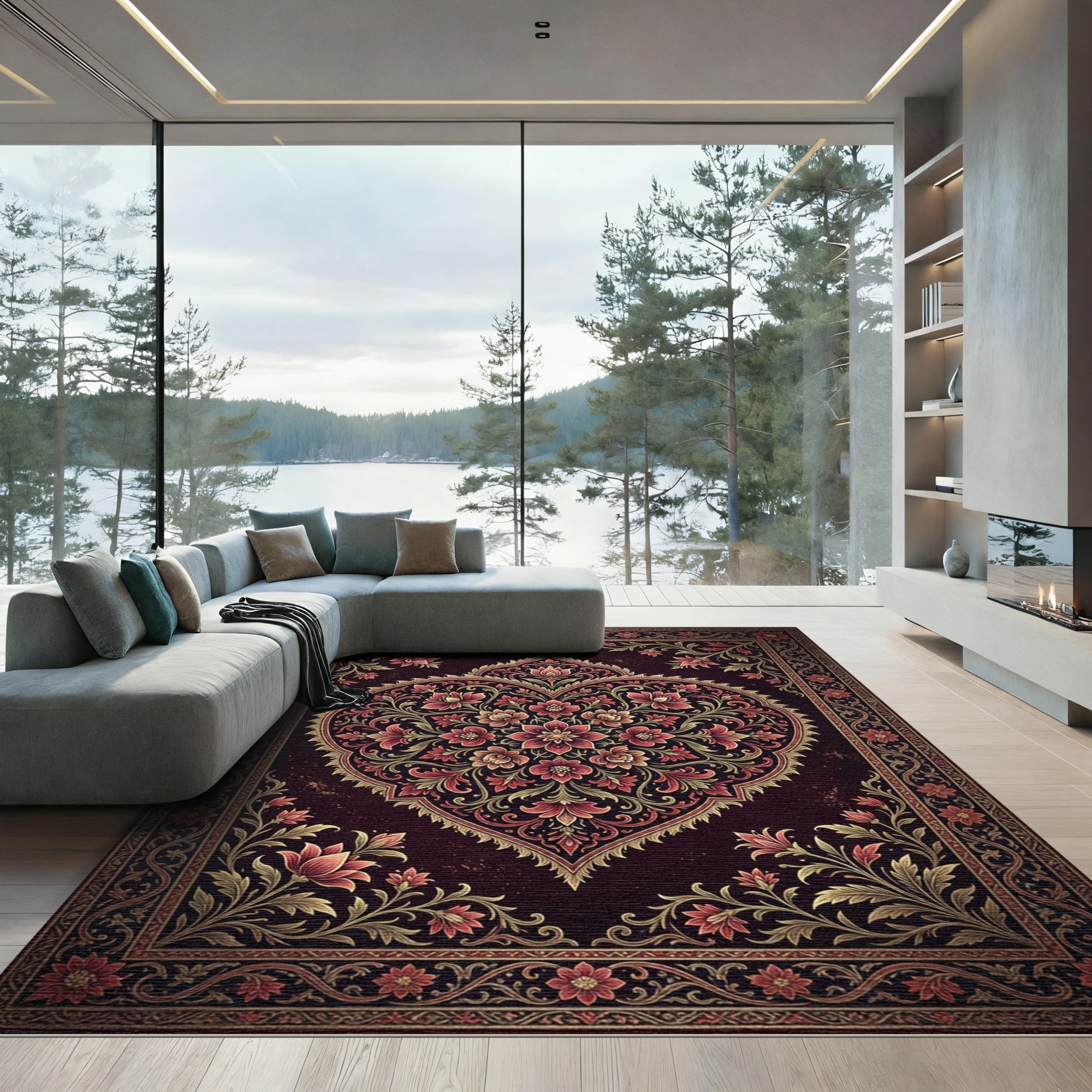 Deep Burgundy Floral Heart Medallion Rug