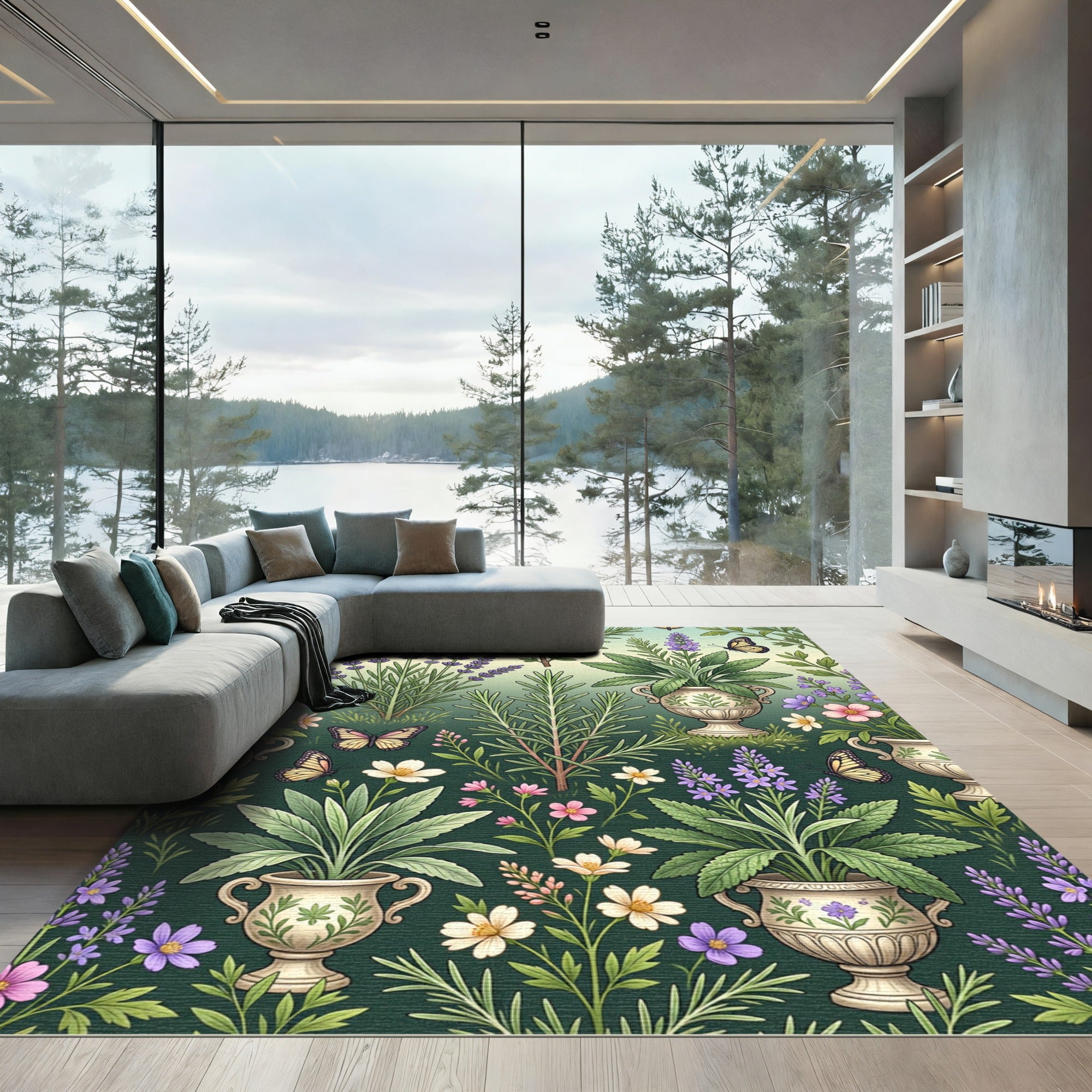 Lavender Rosemary Botanical Garden Butterflies Rug