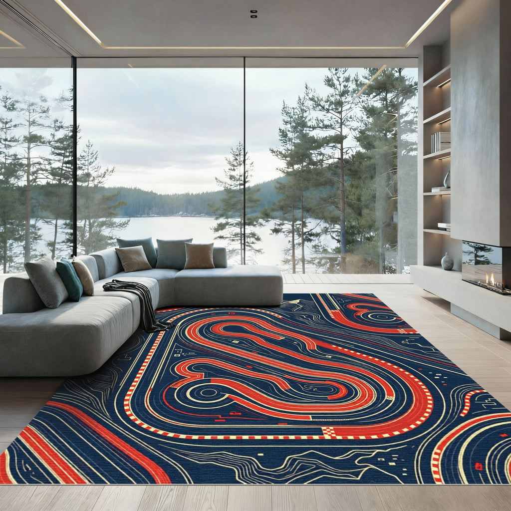 Modern Crimson Race Track Schematic Rug