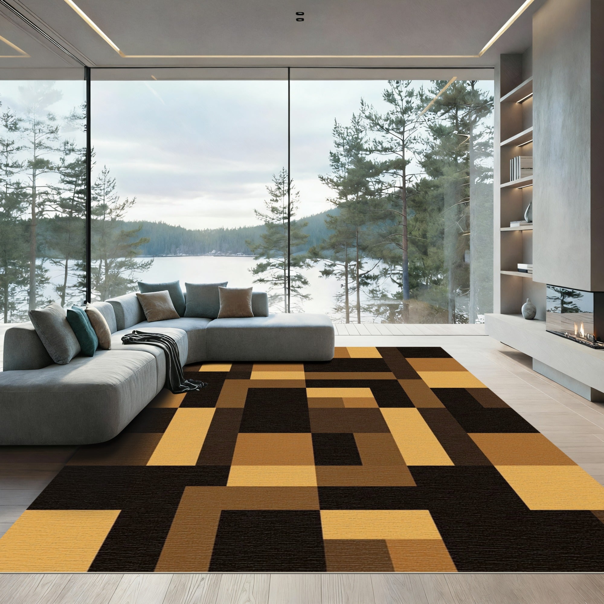 Geometric Ochre and Raven Block Rug