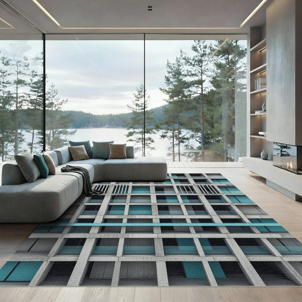 Architectural Teal Grid Structural Concrete Art Rug
