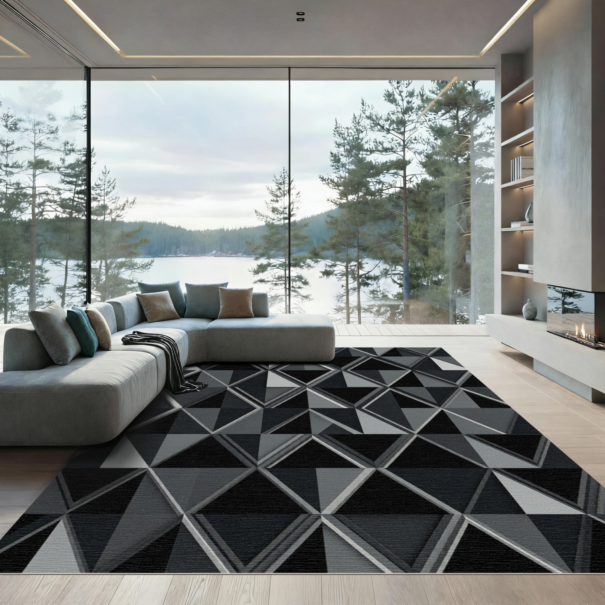 Modern Charcoal Geometric Diamond Rug