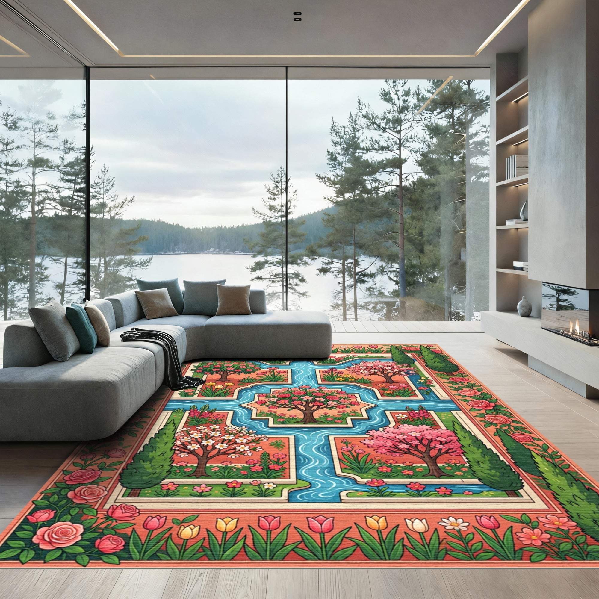 Enchanting Floral Garden Water Feature Rug