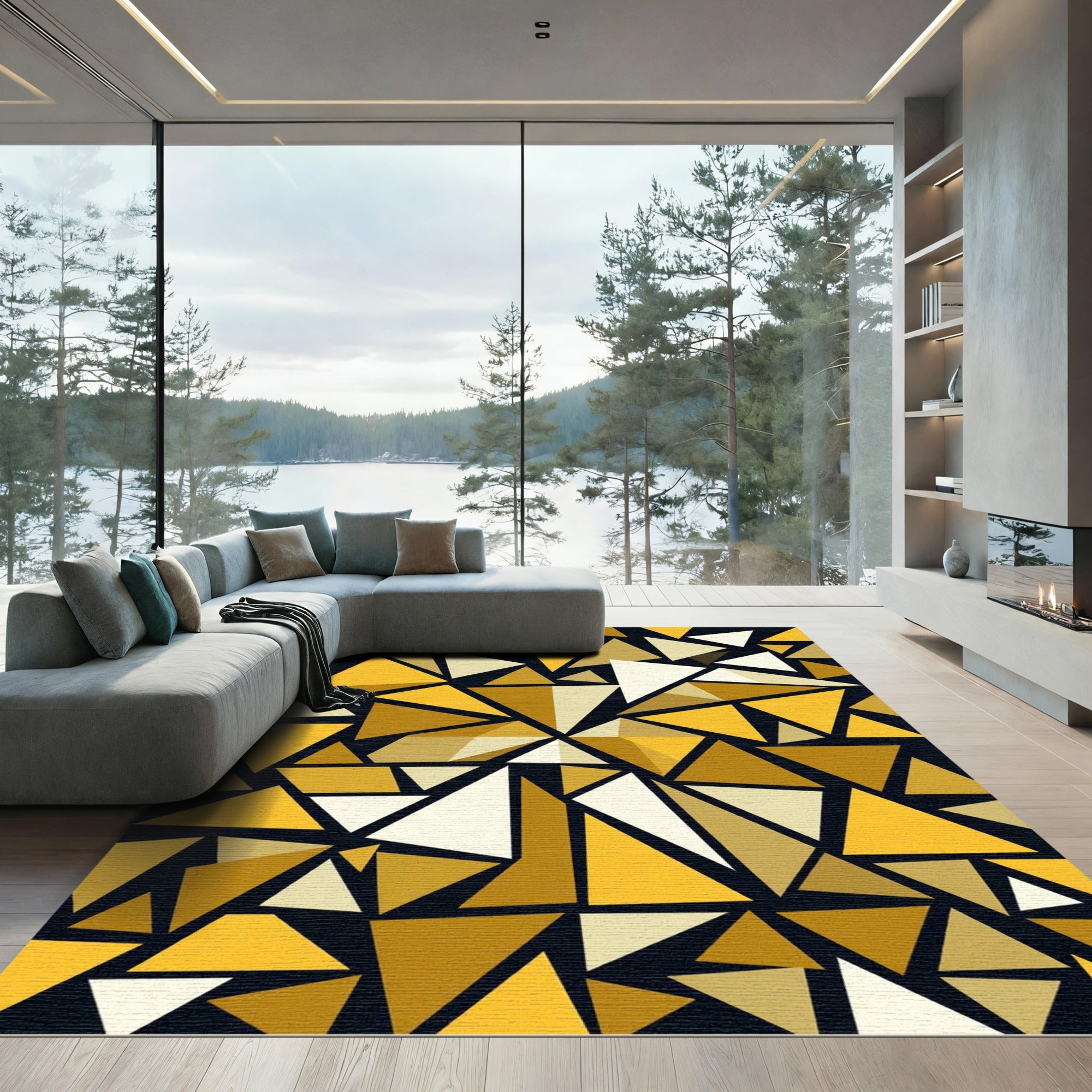 Golden Geometric Abstract Triangle Mosaic Rug