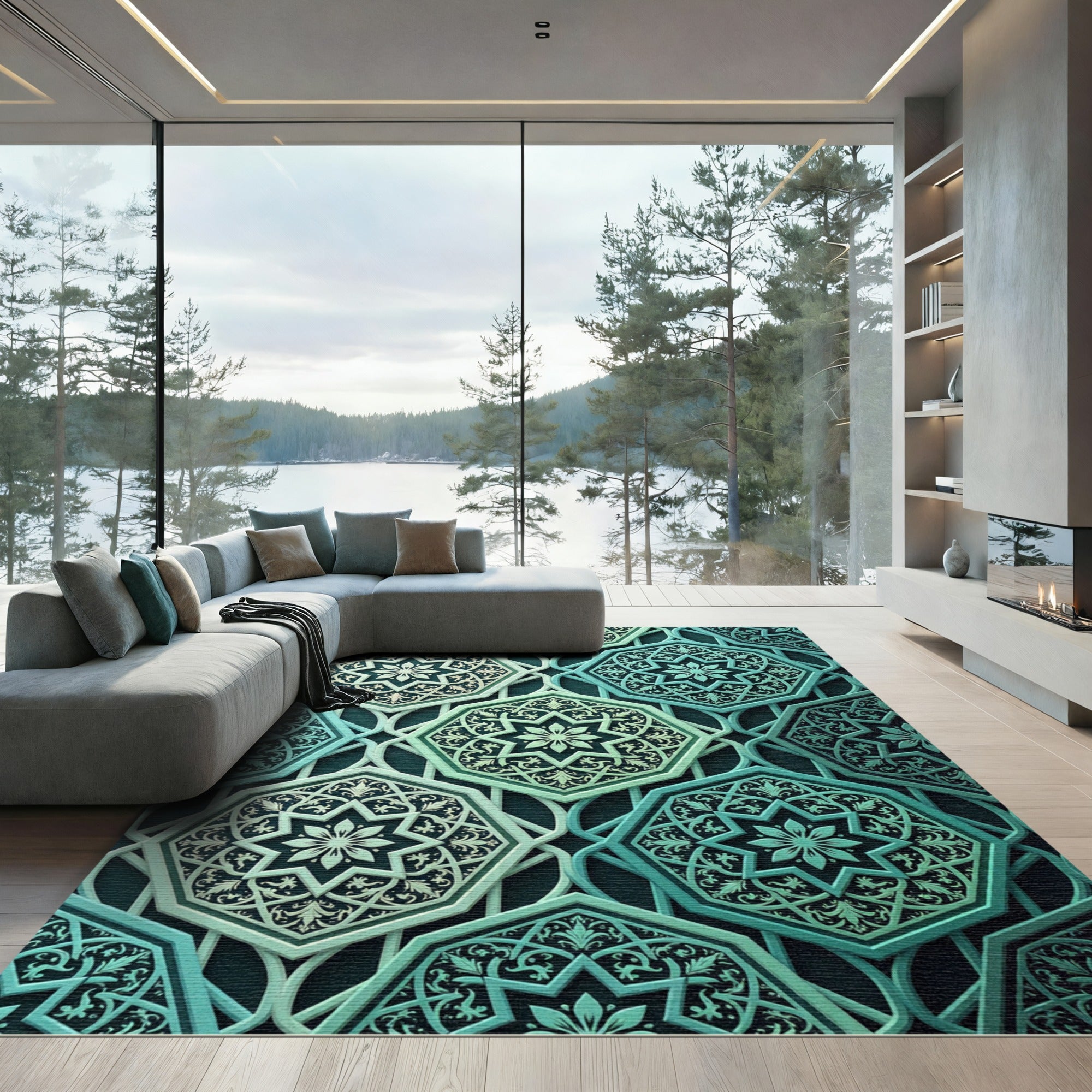Teal Emerald Octagonal Geometric Lattice Rug