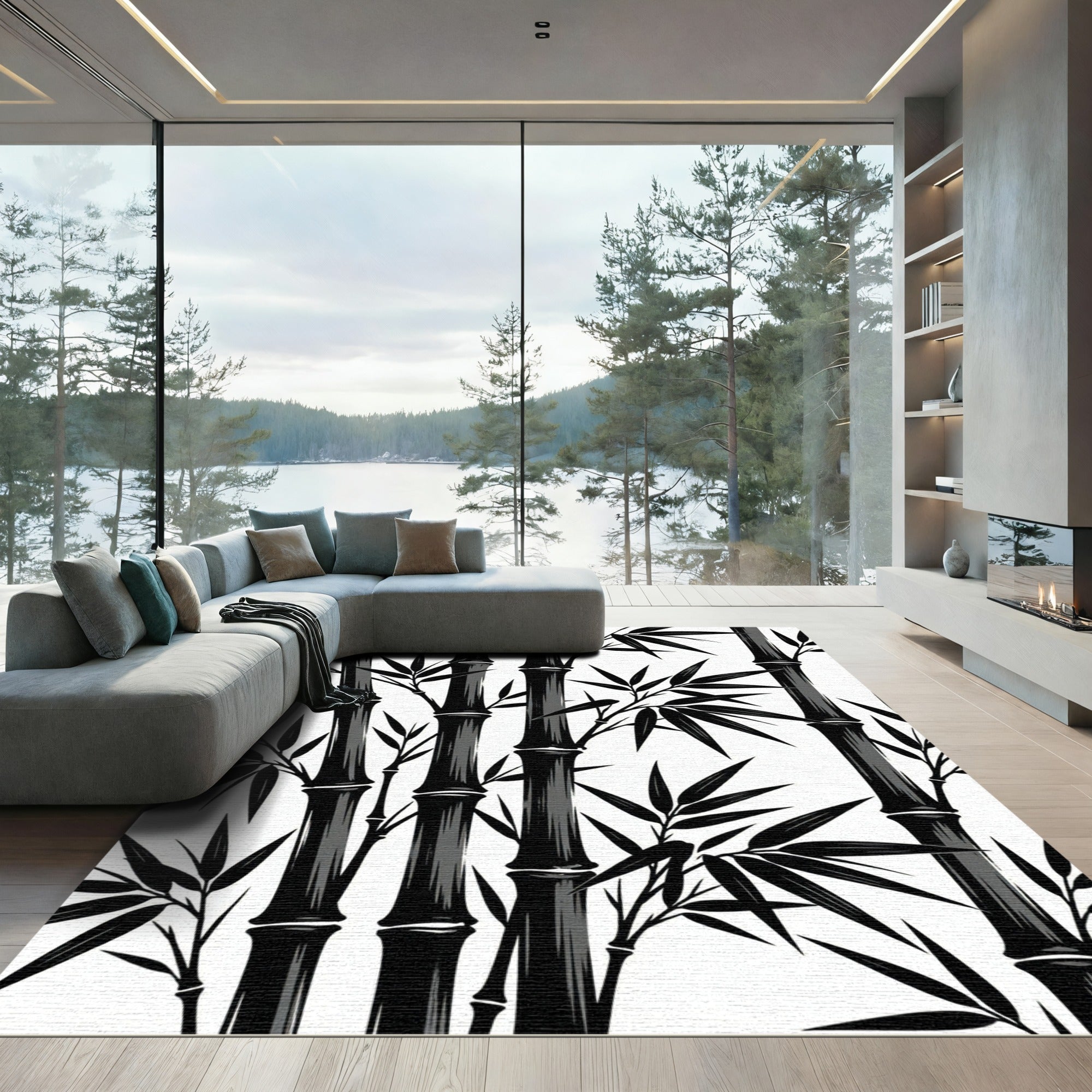 Monochromatic Black Bamboo Stalks Rug
