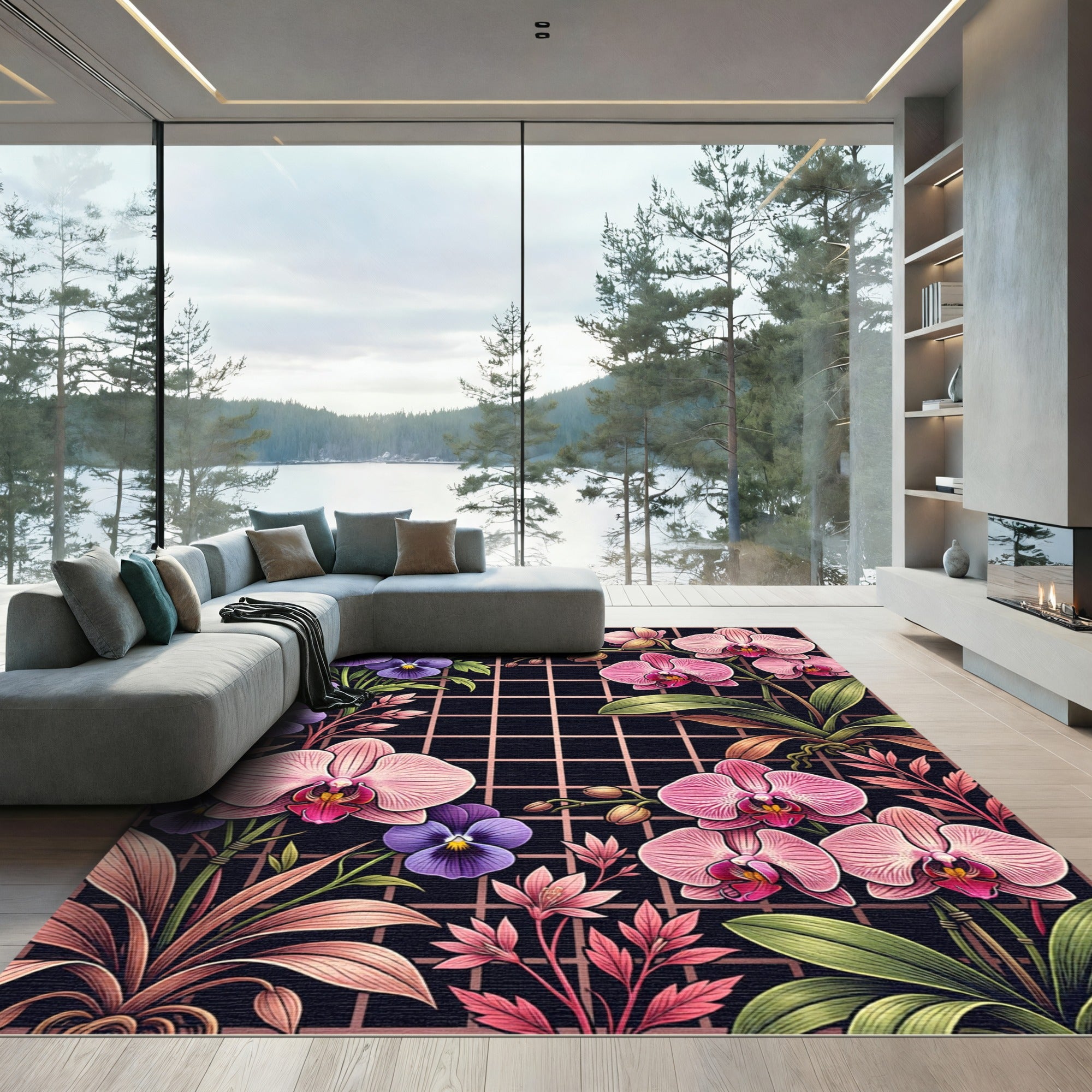 Orchid and Pansy Floral Grid Rug
