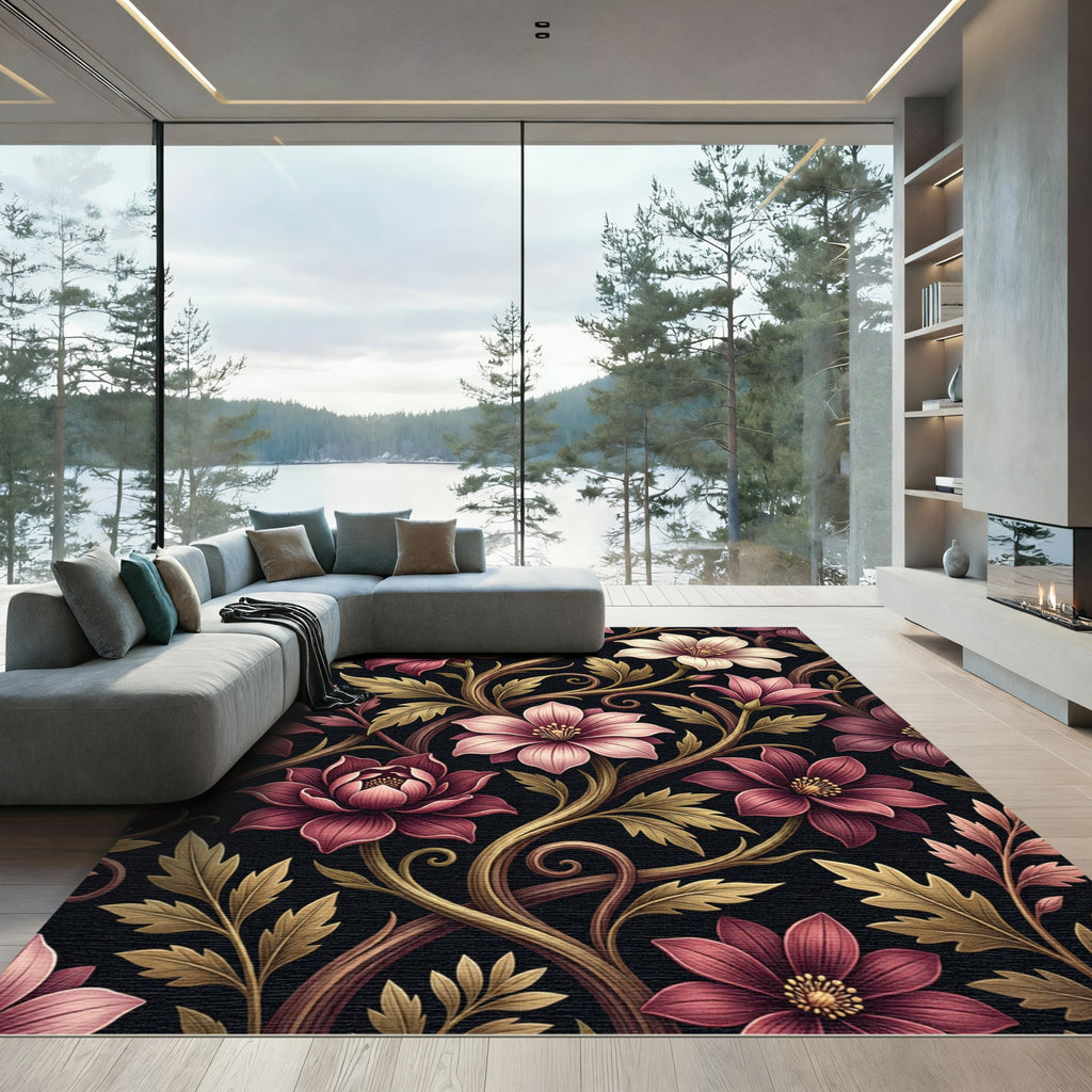 Elegant Deep Pink Floral Scroll Rug