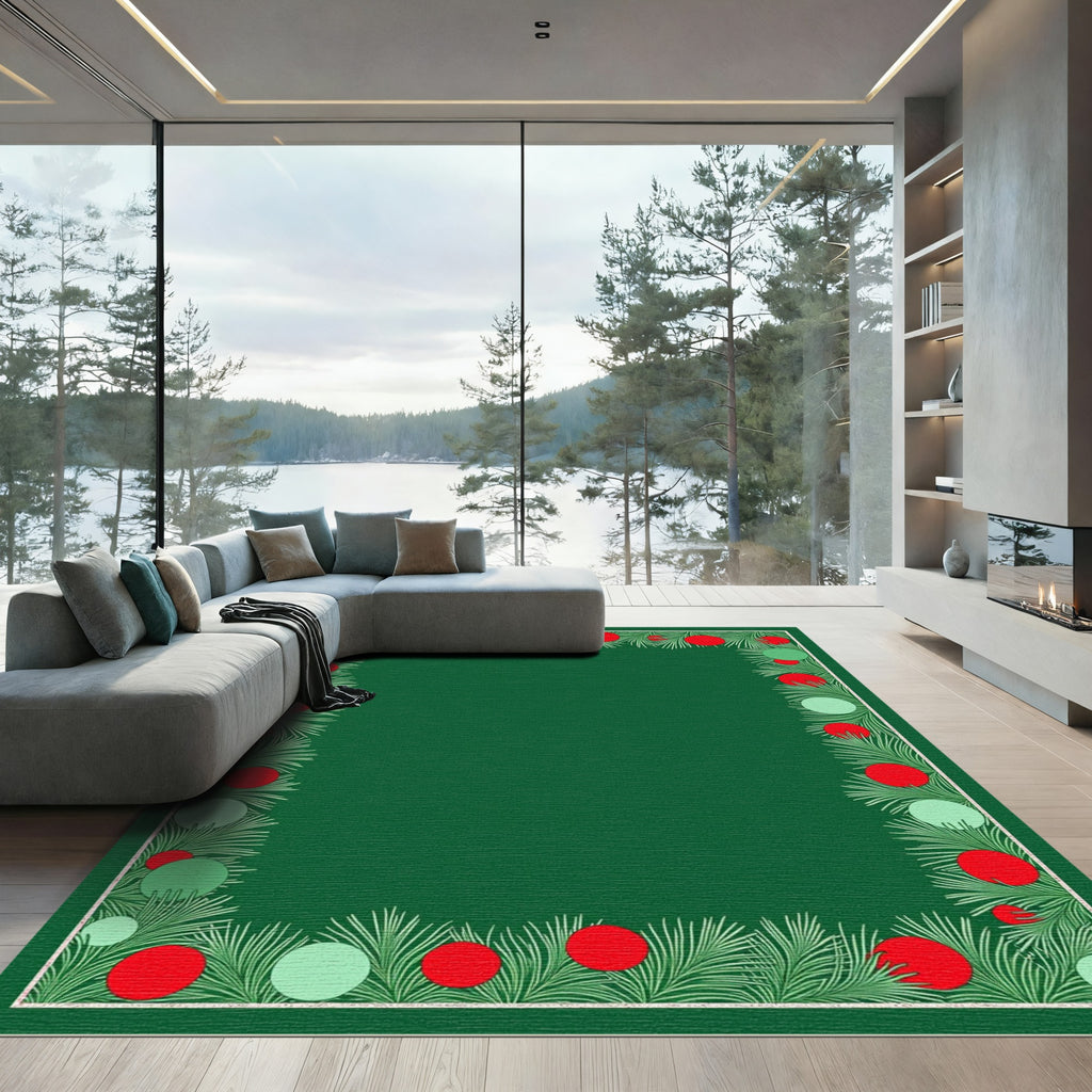 Festive Green Pine Holly Sphere Border Rug