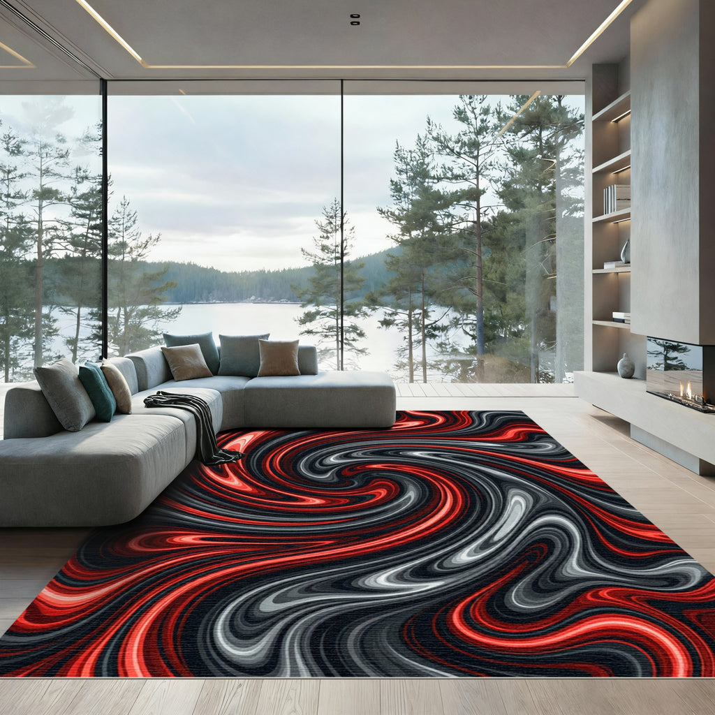 Crimson Swirl Abstract Liquid Rug