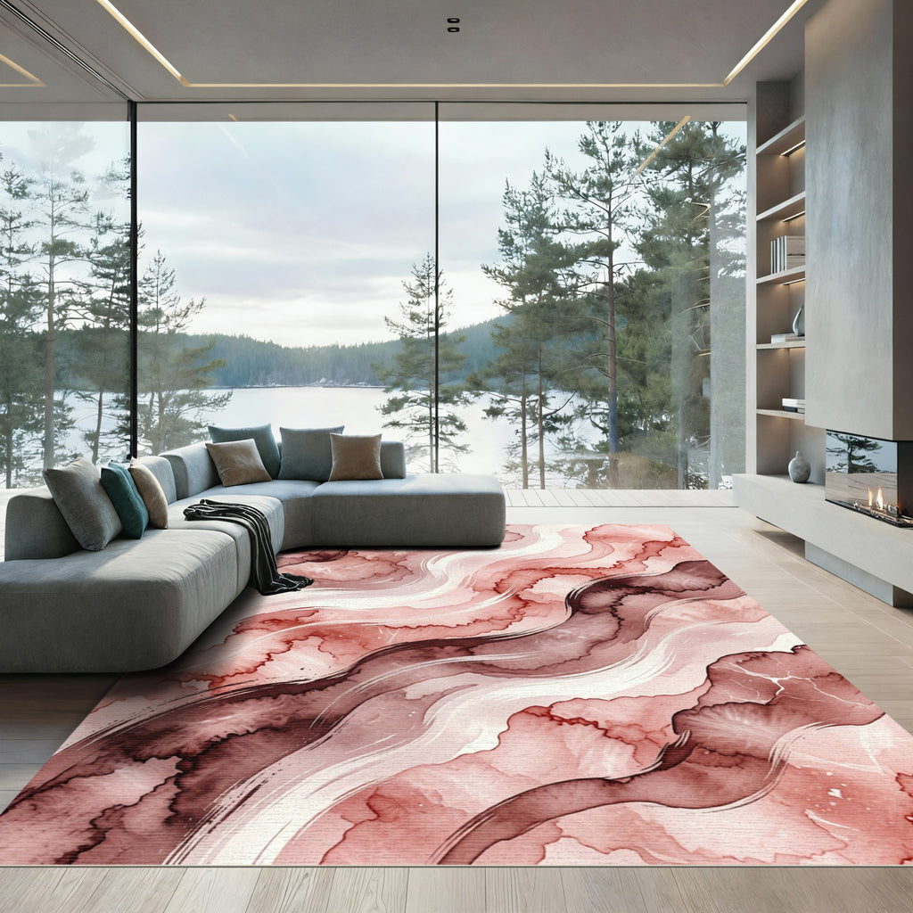 Abstract Blush And Burgundy Flowing Waves Rug