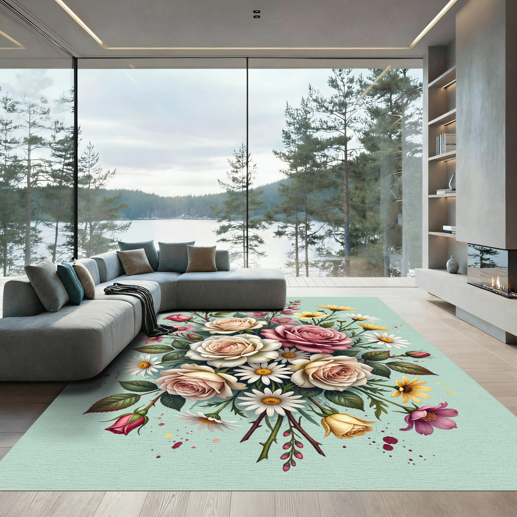 Romantic Blush Pink Rose Garden Bouquet Rug