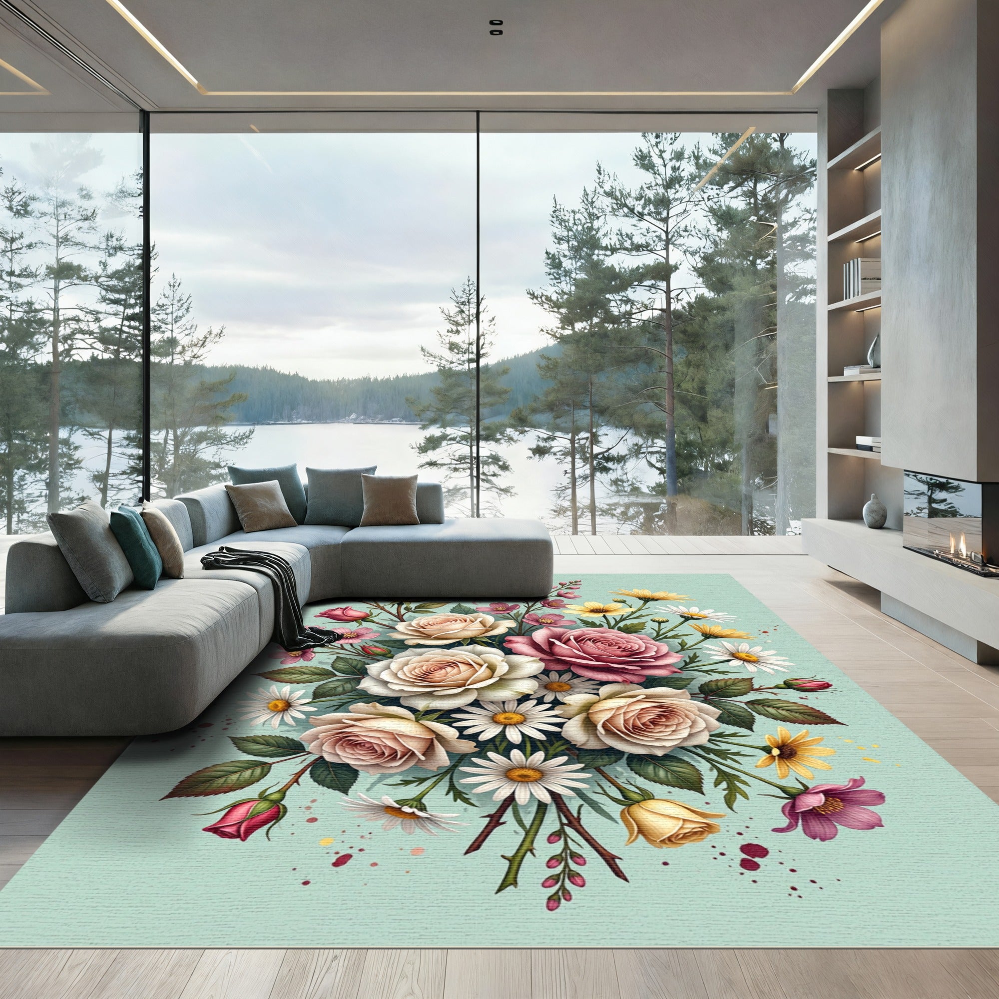 Romantic Blush Pink Rose Garden Bouquet Rug