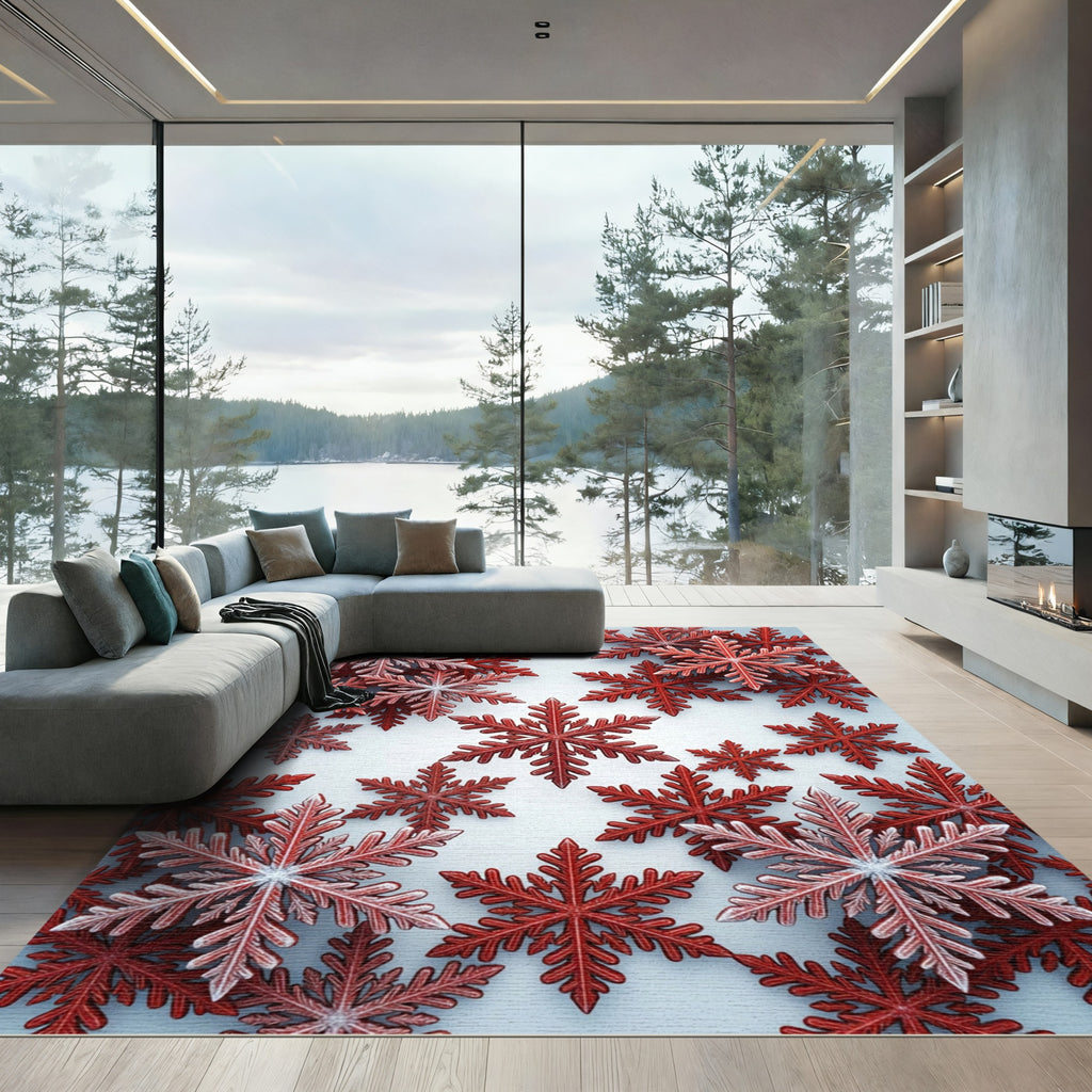 Crimson Snowflakes Scattered Festive Rug