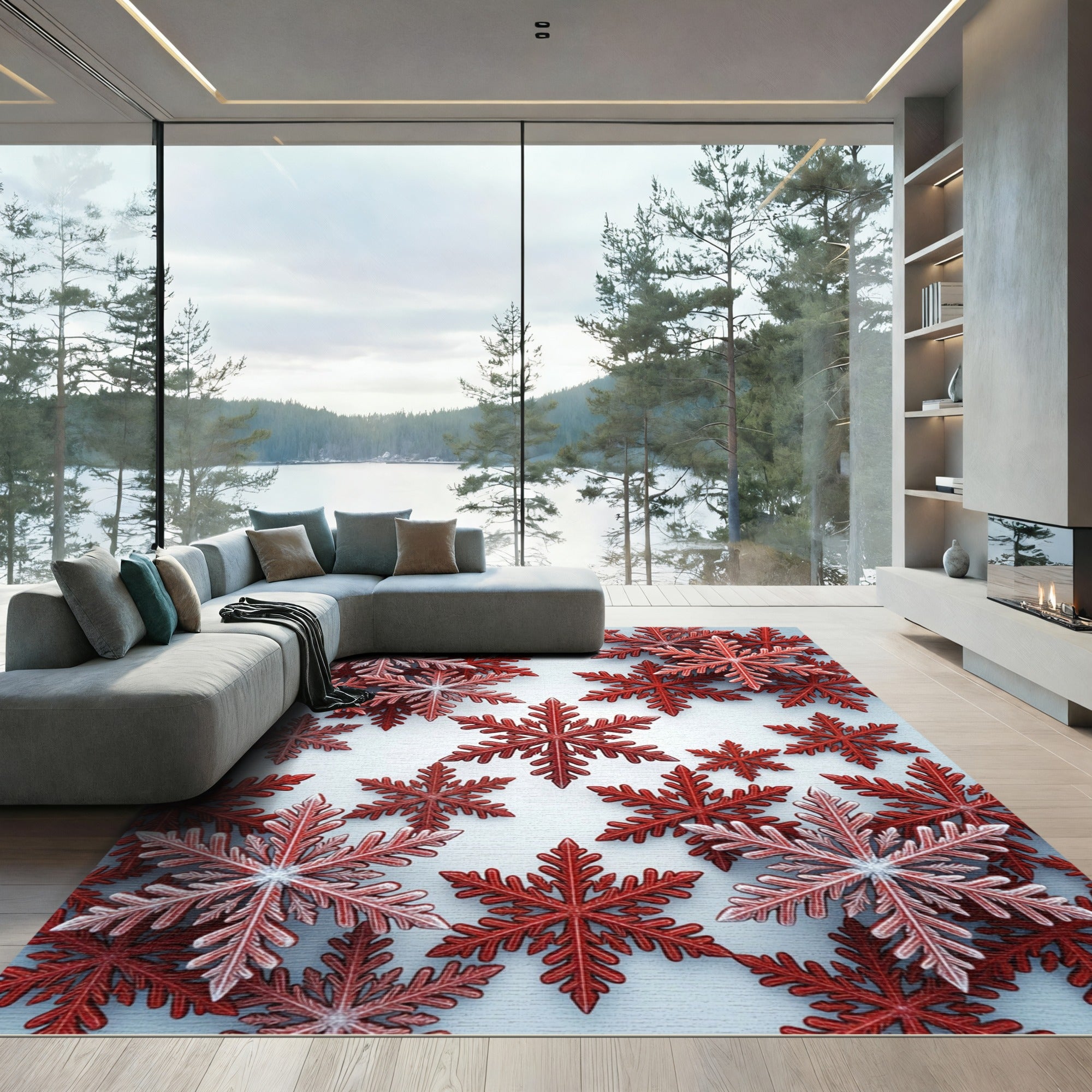 Crimson Snowflakes Scattered Festive Rug