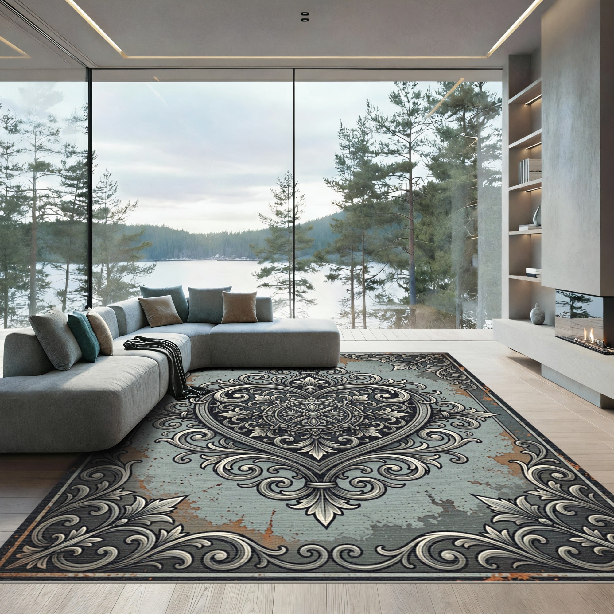 Ornate Damask Gray Heart Medallion Rug